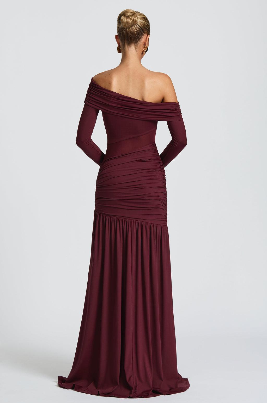 Off Shoulder Gathering Slit Maxi Dress