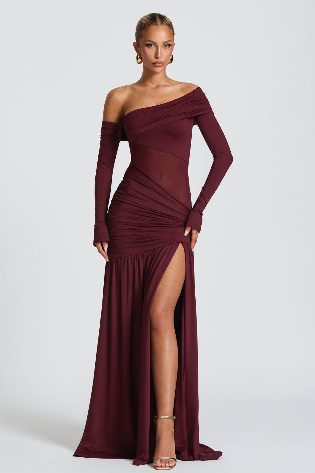Off Shoulder Gathering Slit Maxi Dress