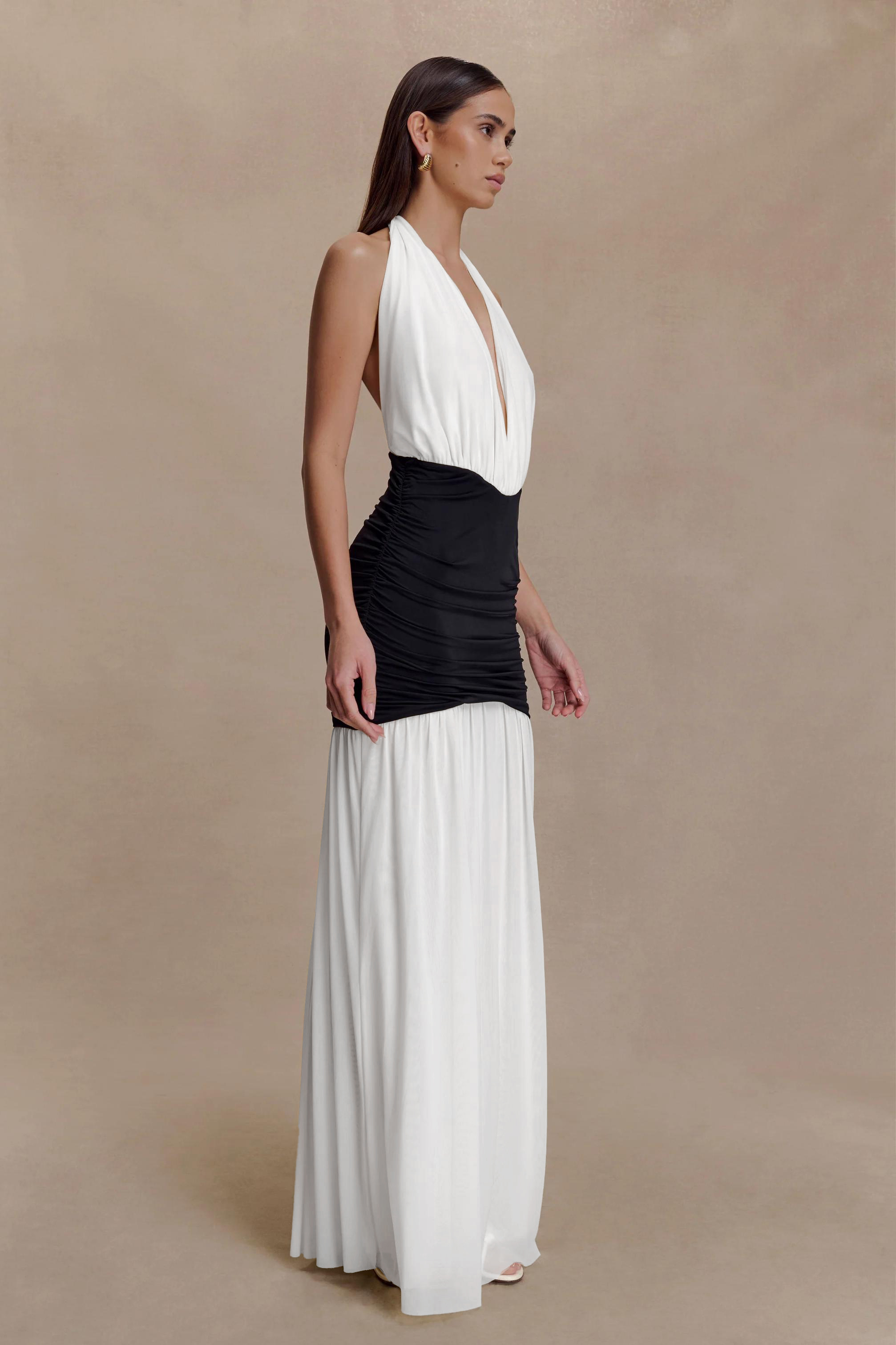 Contrast Color Gathering Halter Neck Maxi Dress