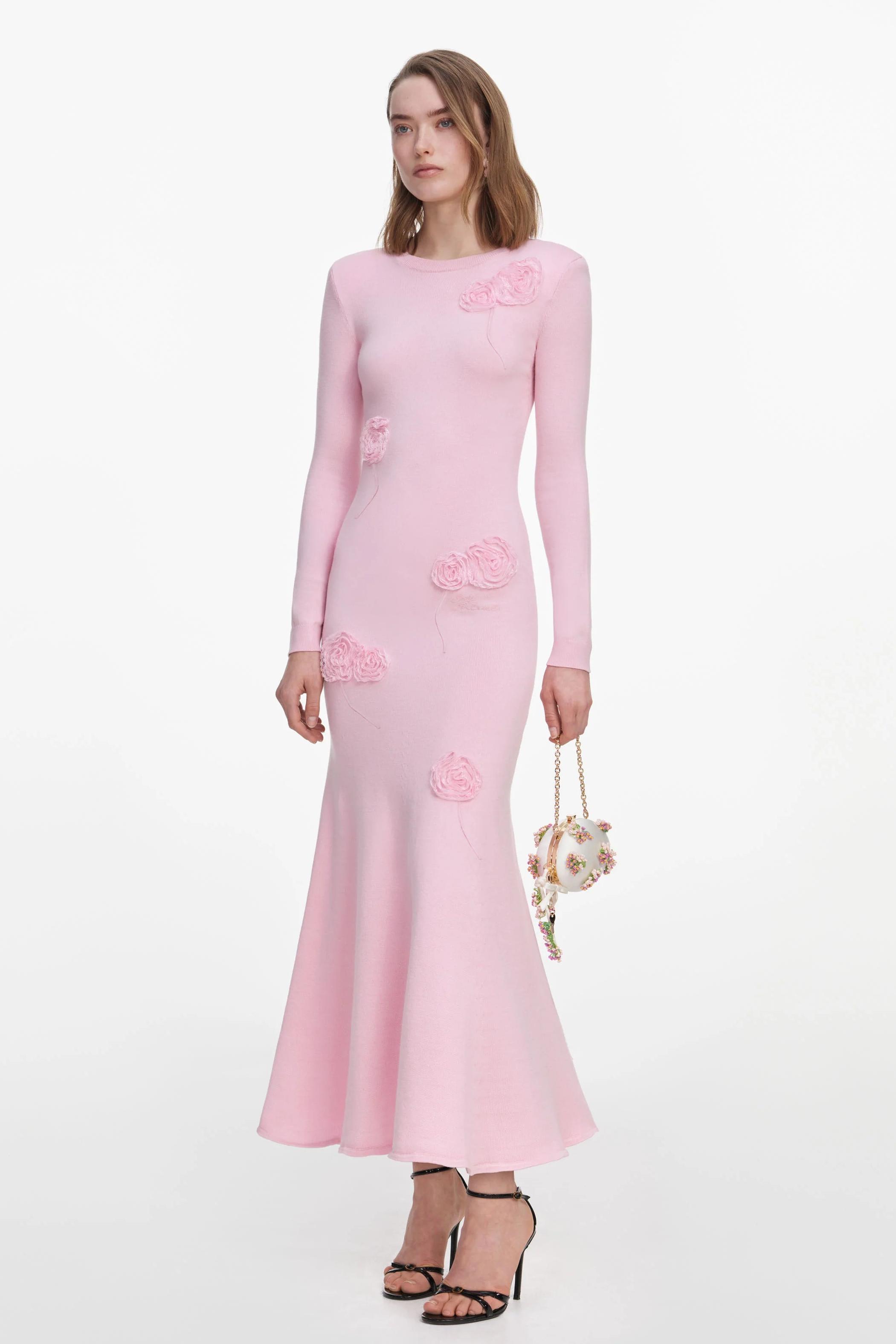 Knit Long Sleeve 3D Flower Midi Dress