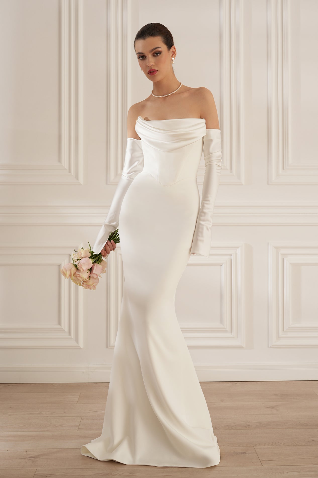Satin Ruched Maxi Dress With Gloves