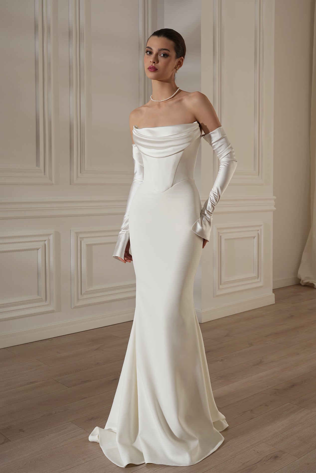 Satin Ruched Maxi Dress With Gloves