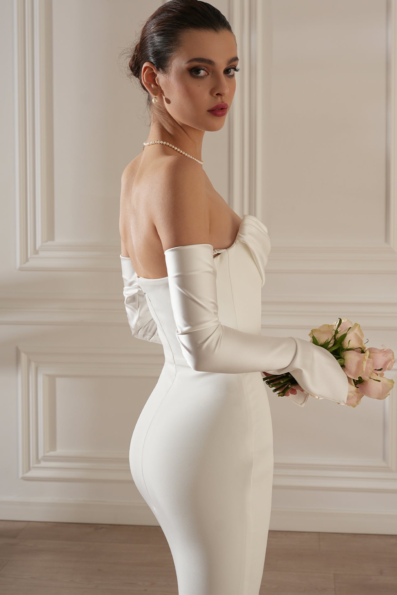 Satin Ruched Maxi Dress With Gloves