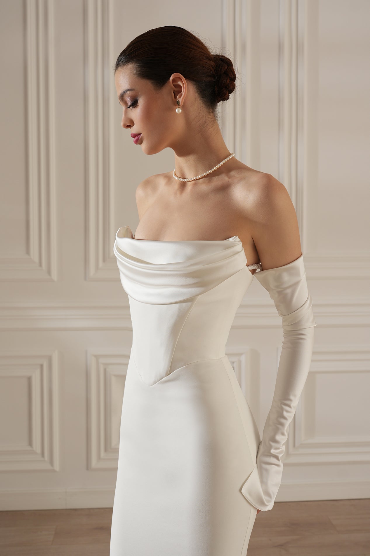 Satin Ruched Maxi Dress With Gloves