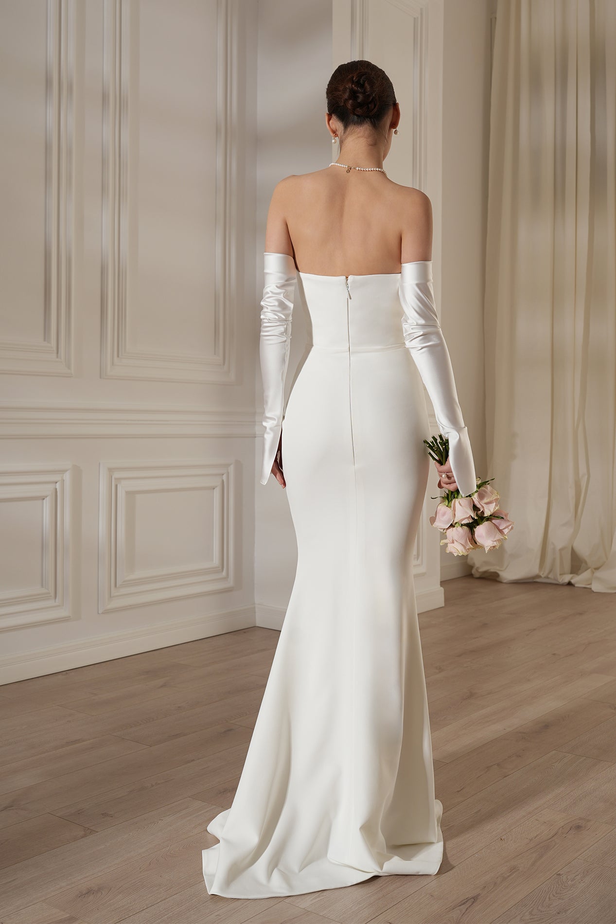 Satin Ruched Maxi Dress With Gloves