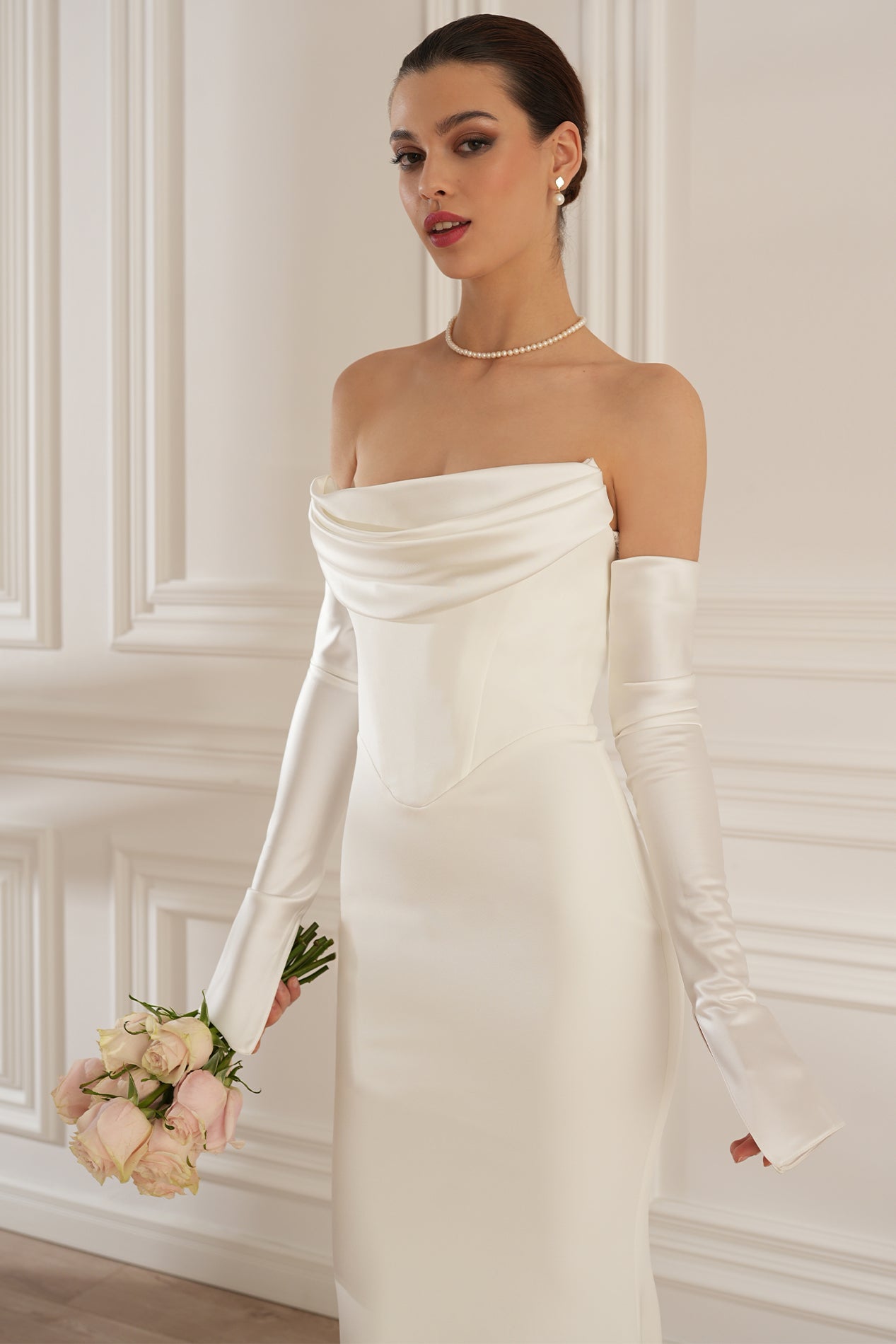 Satin Ruched Maxi Dress With Gloves