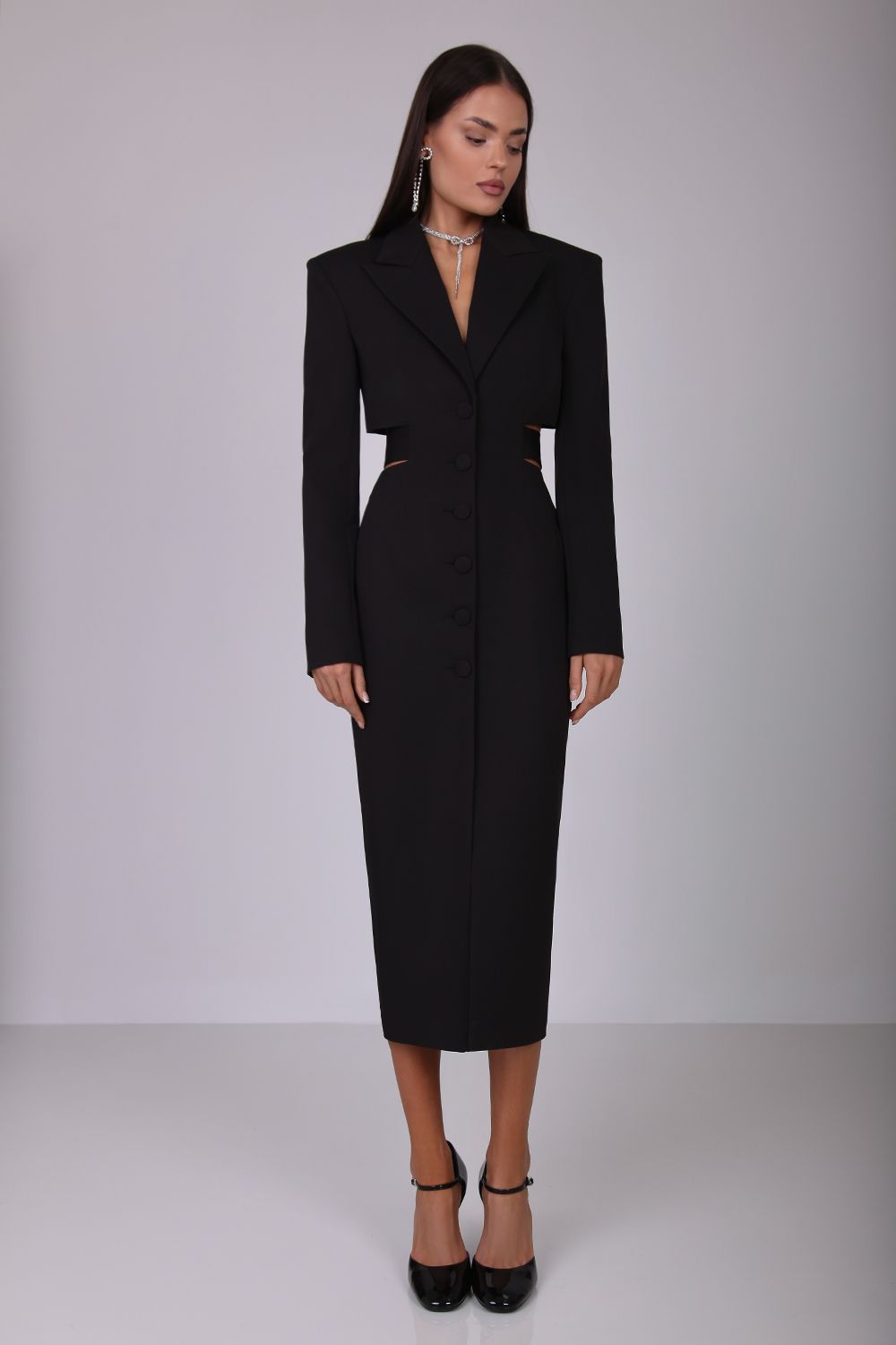 Solid Flapped  Single Breasted Midi Dress