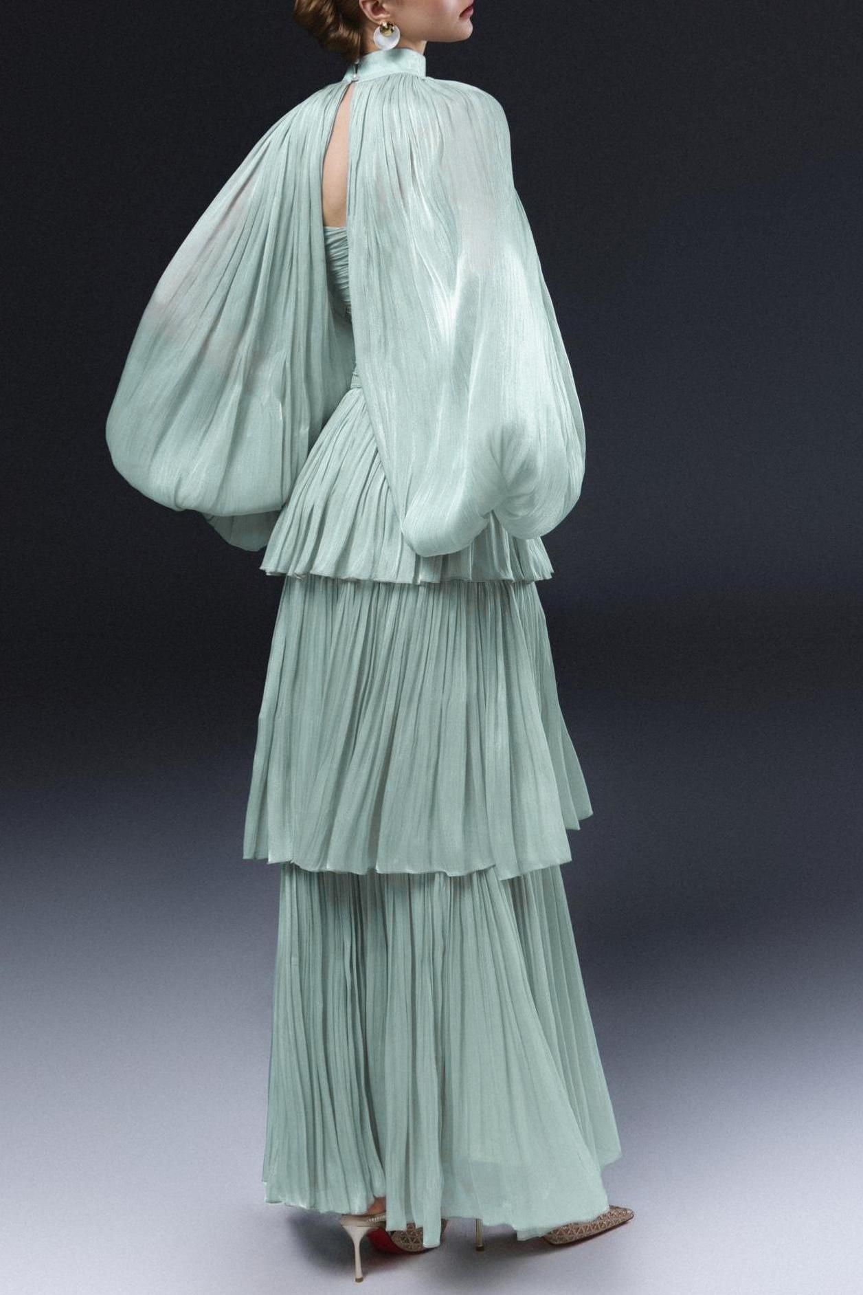 High Neck Lantern Sleeve Ruffle Midi Dress