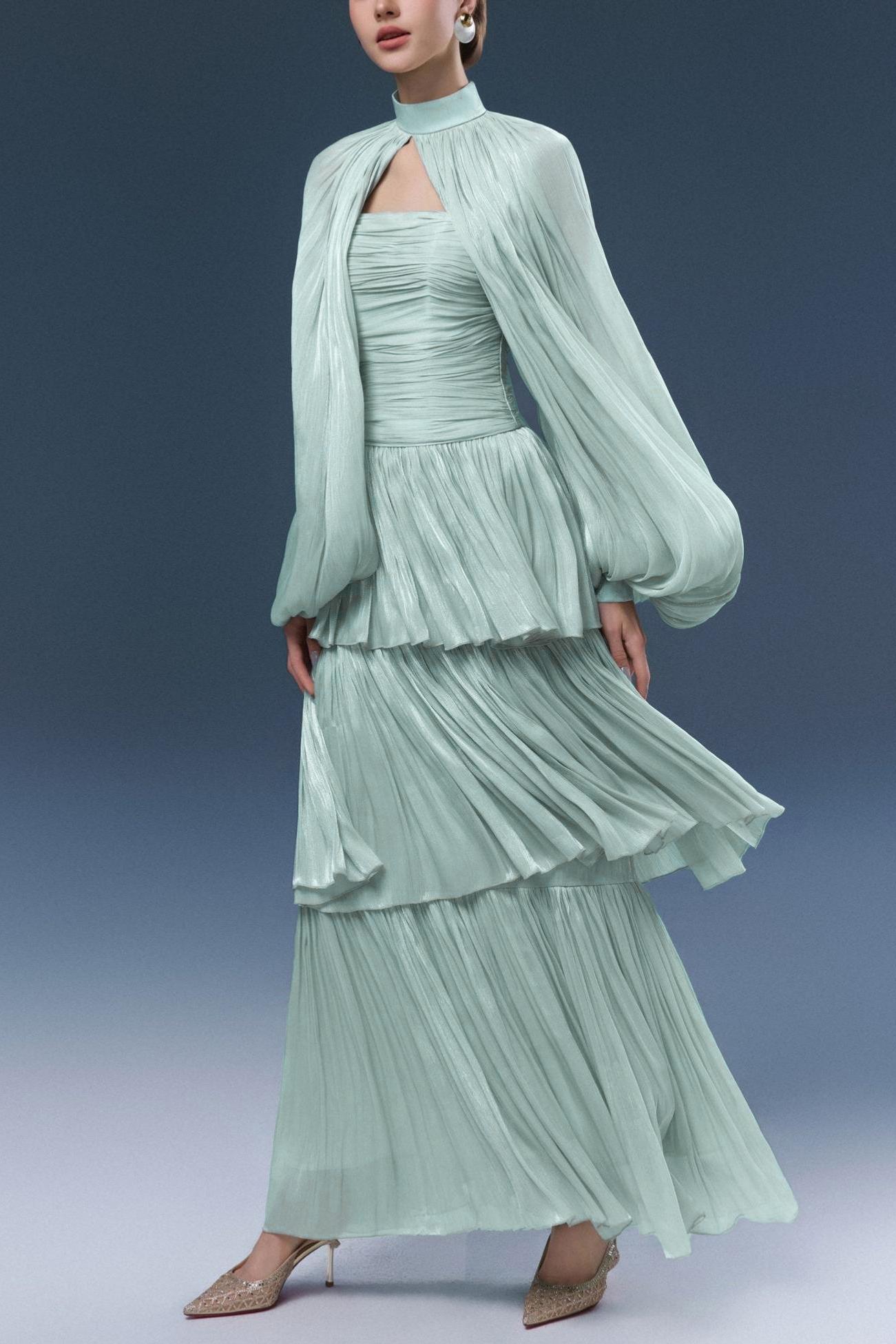High Neck Lantern Sleeve Ruffle Midi Dress