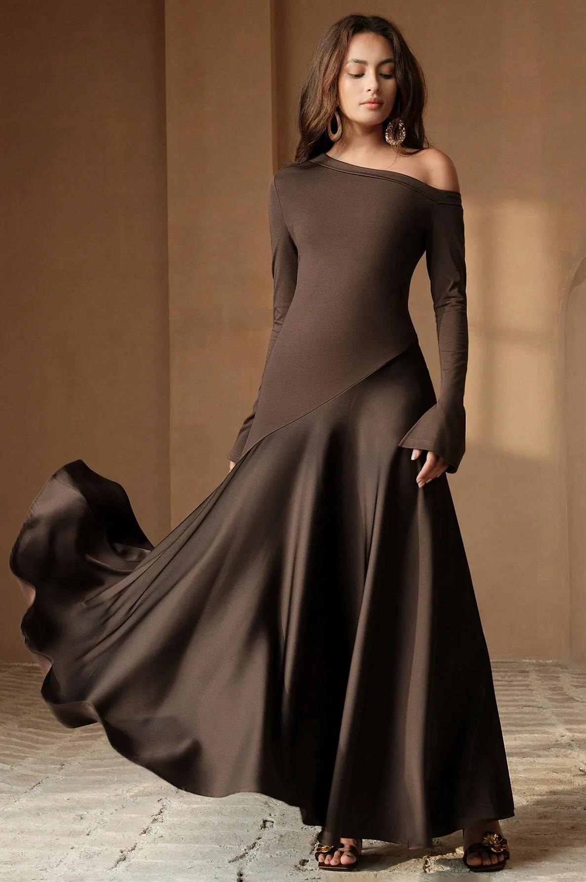 Jersey Splicing Satin Midi Dress