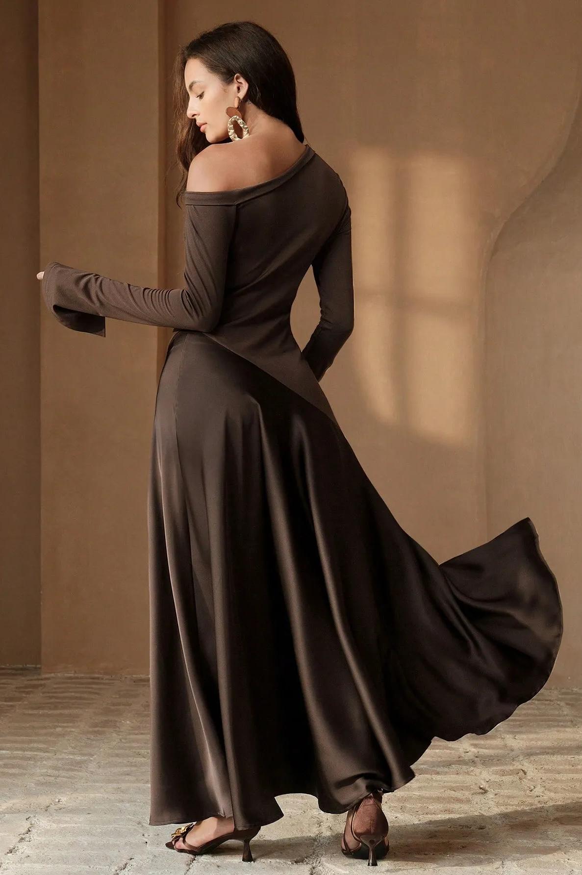 Jersey Splicing Satin Midi Dress