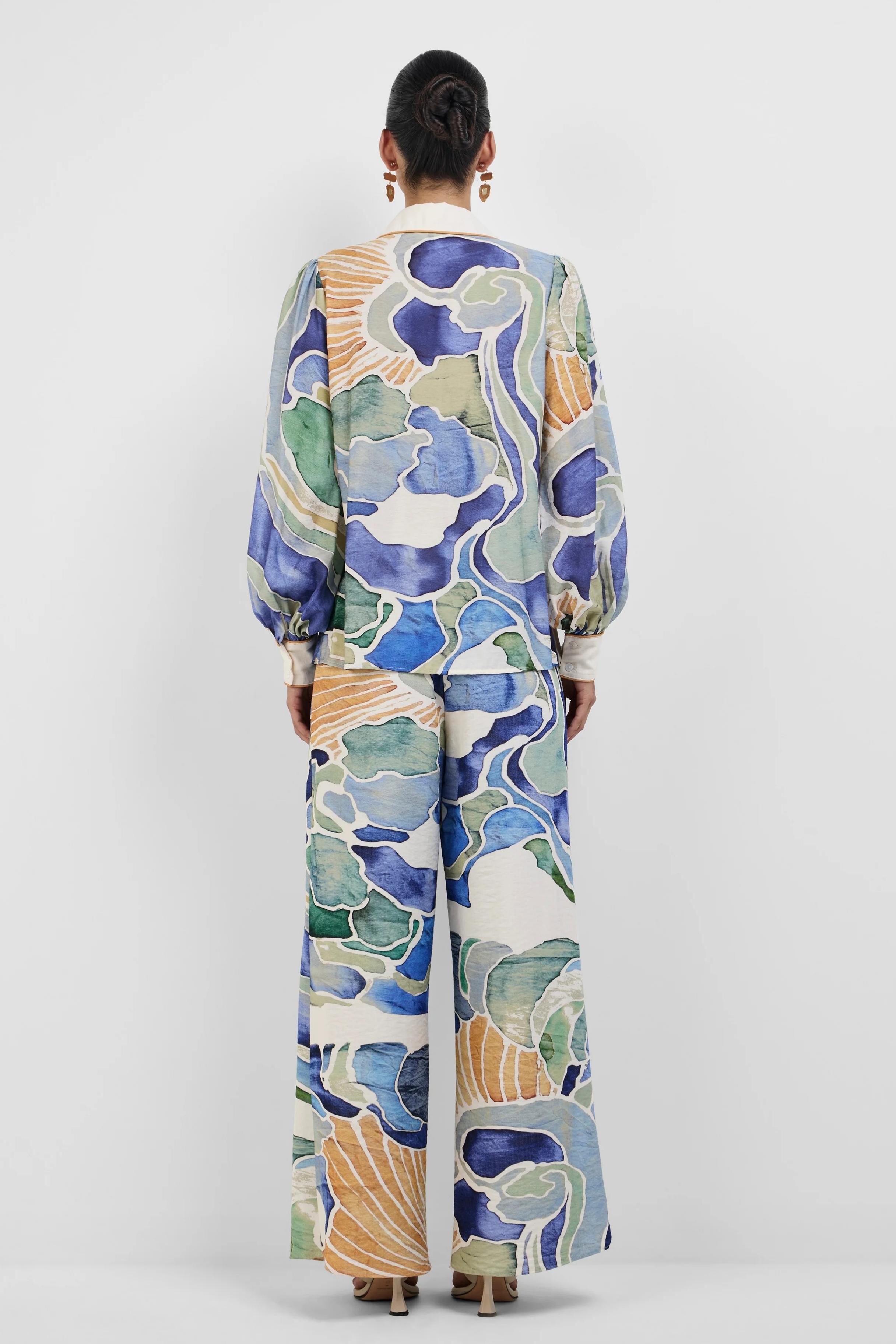 Abstract Print Blouse & High Waist Wide Leg Pants Set