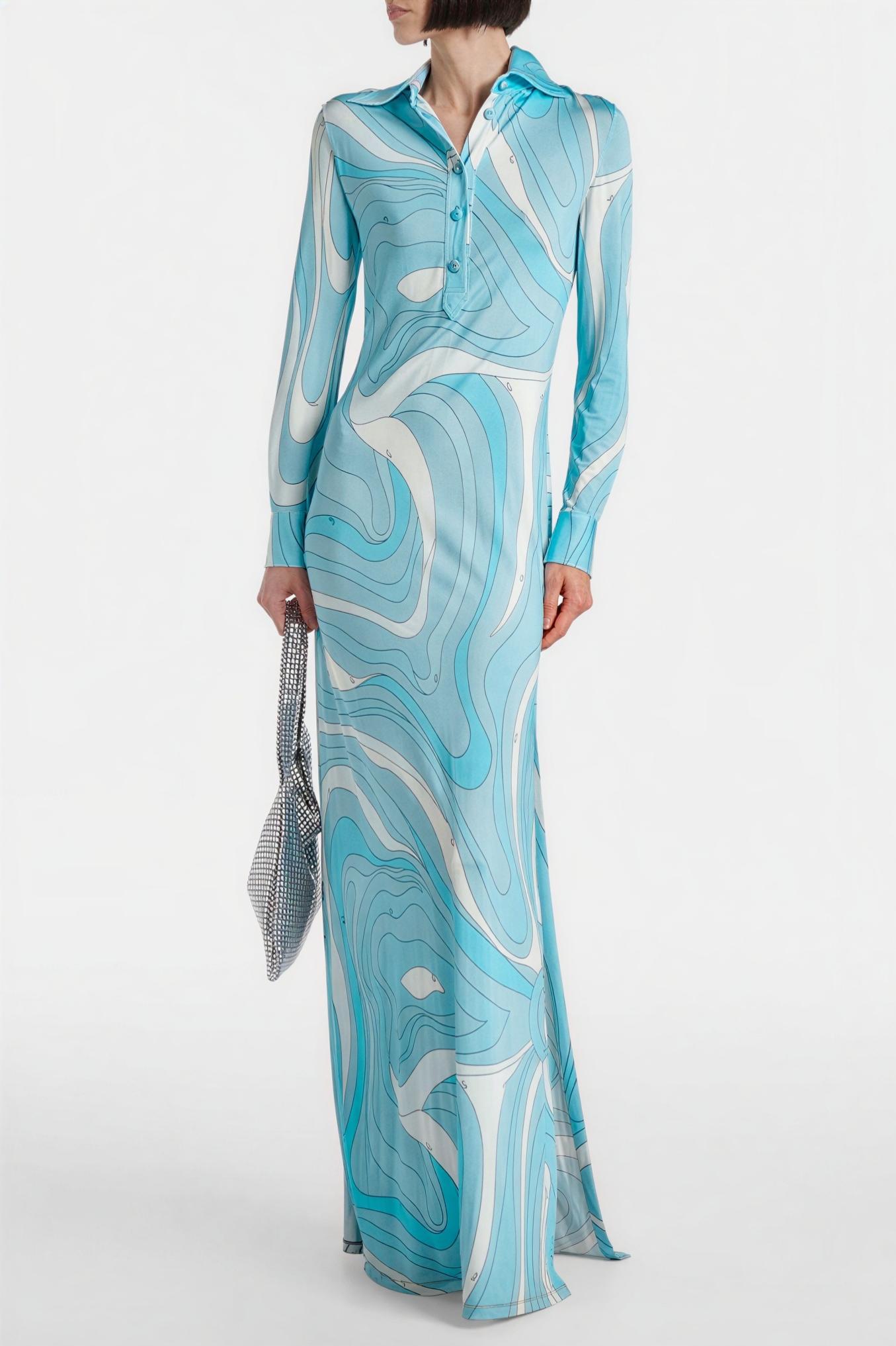 Abstract Print Shirt Collar Long Sleeve Midi Dress