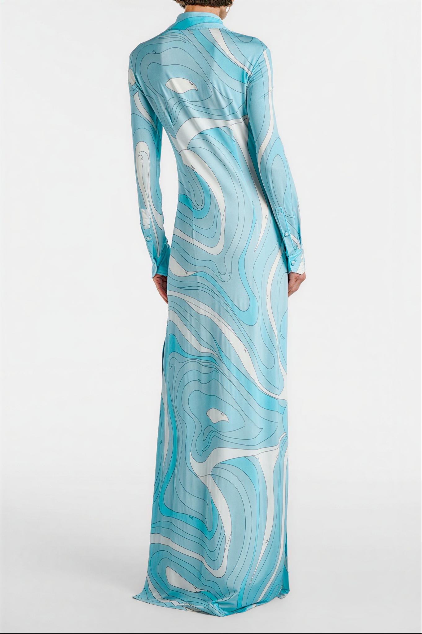 Abstract Print Shirt Collar Long Sleeve Midi Dress