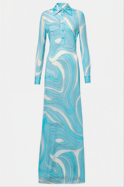 Abstract Print Shirt Collar Long Sleeve Midi Dress
