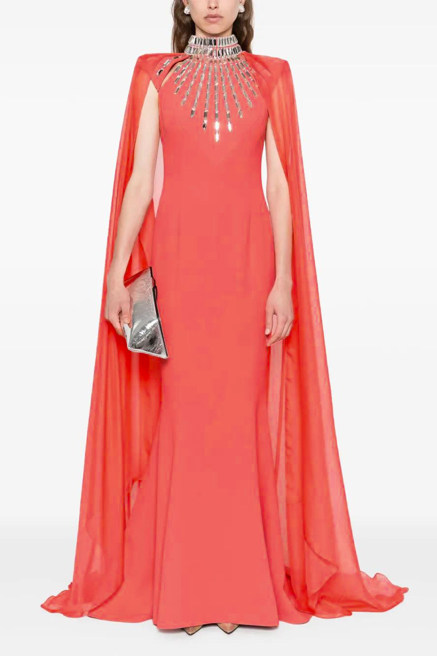 Rhinestone Rivets  Cape Stand Collar Maxi Dress