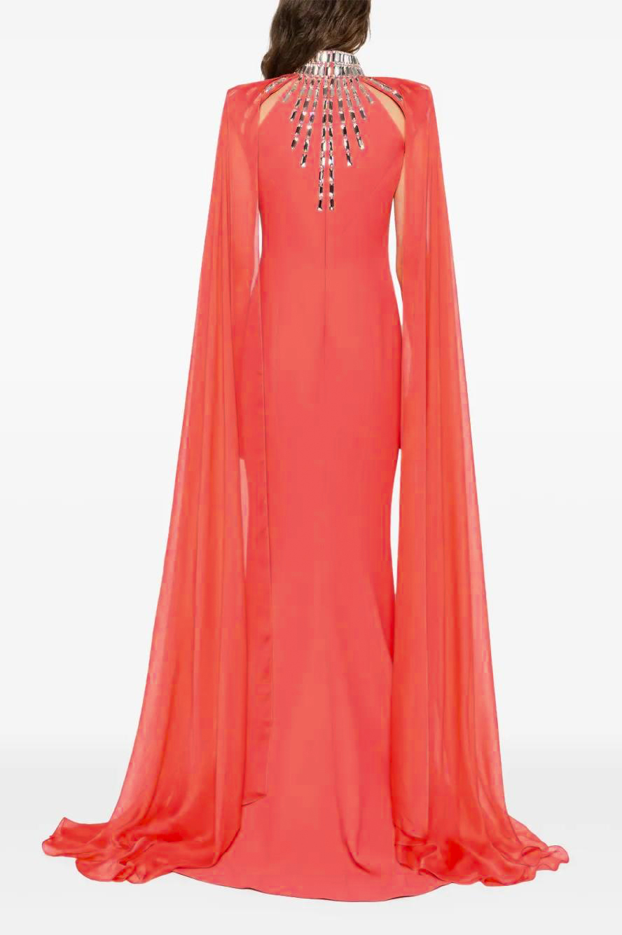 Rhinestone Rivets  Cape Stand Collar Maxi Dress