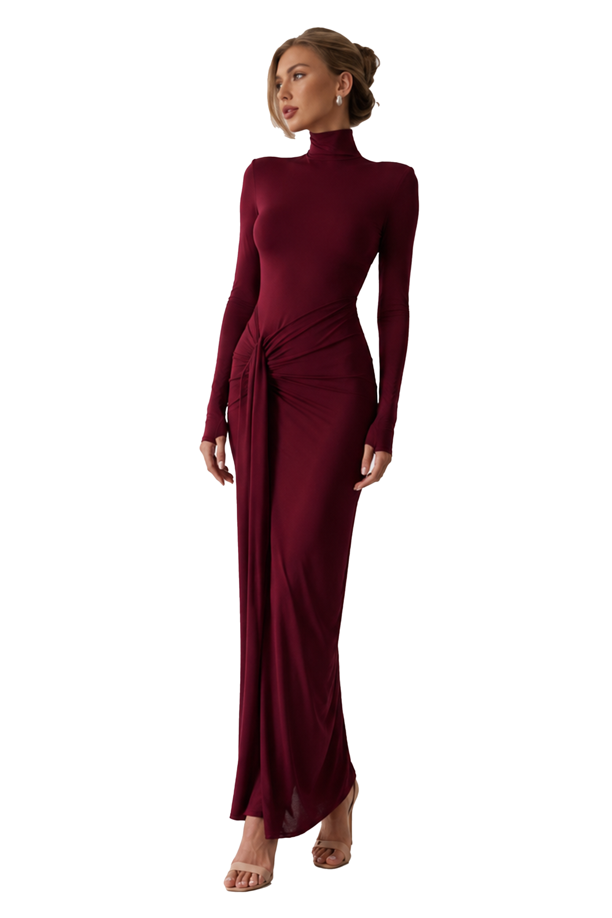 High Neck Gathering Bodycon Maxi Dress
