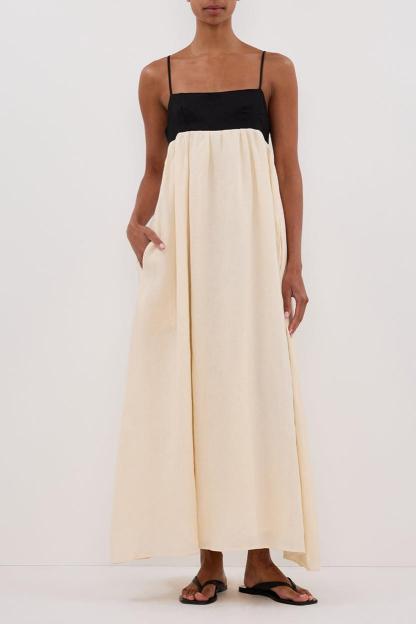 Contrast Color Slip Ruched Midi Dress