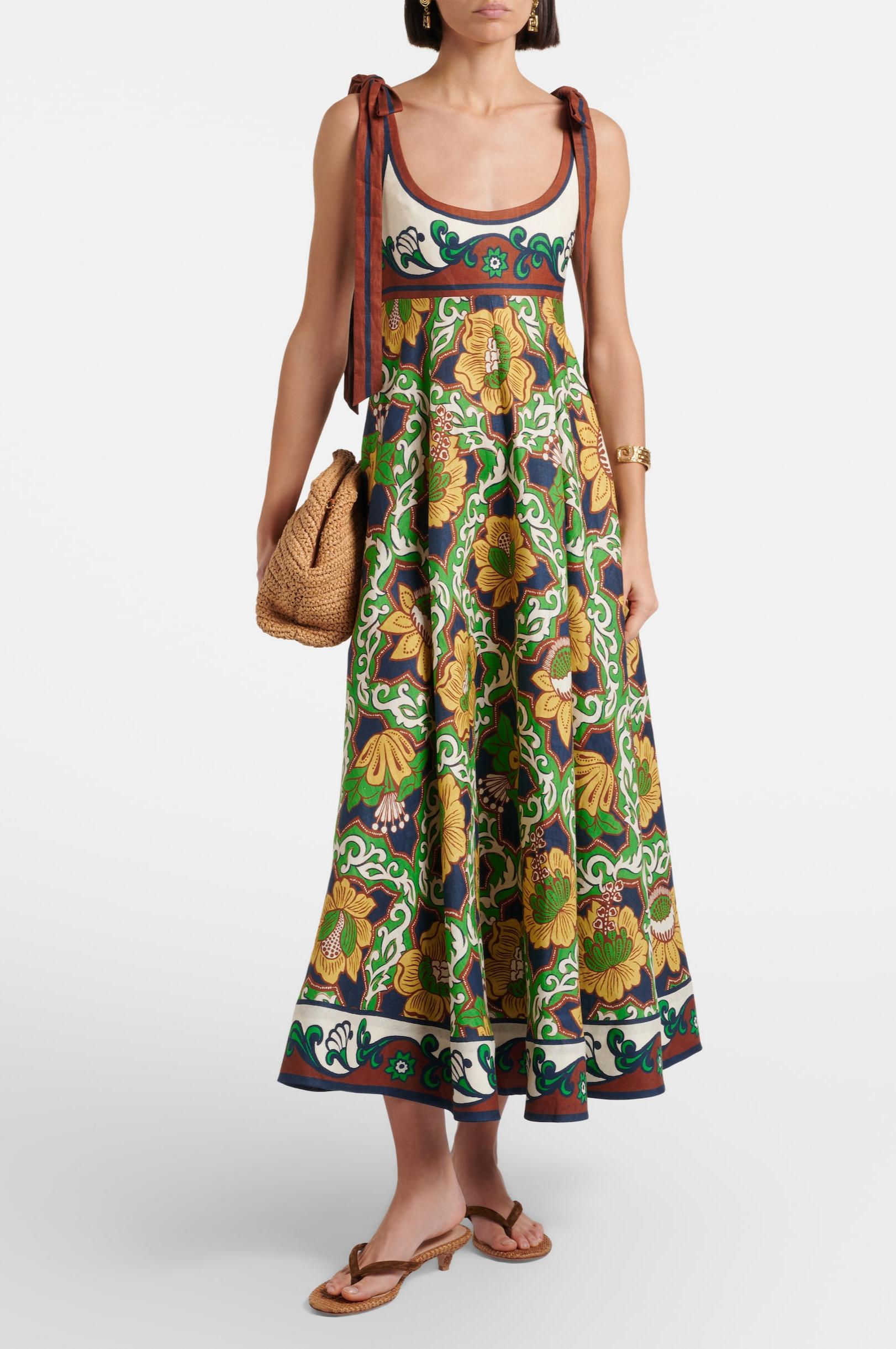 Retro Floral Print Sleeveless Tie Strap Midi Dress