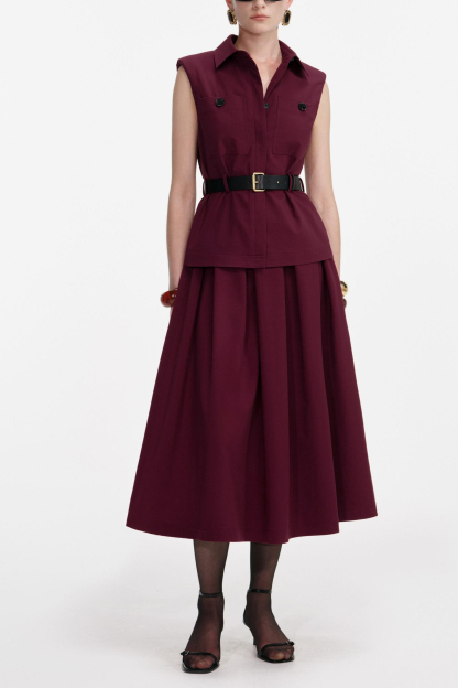 Sleeveless Top With Belt & High Waist Midi Skirt Set