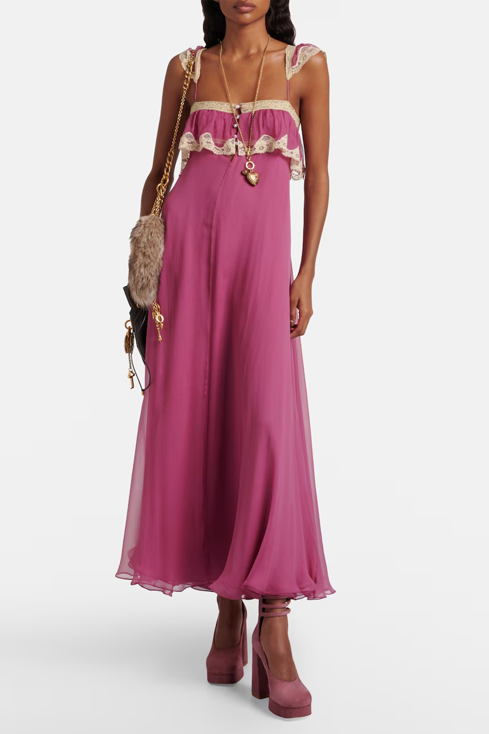 Lace Trim Ruffle Strap Chiffon Midi Dress