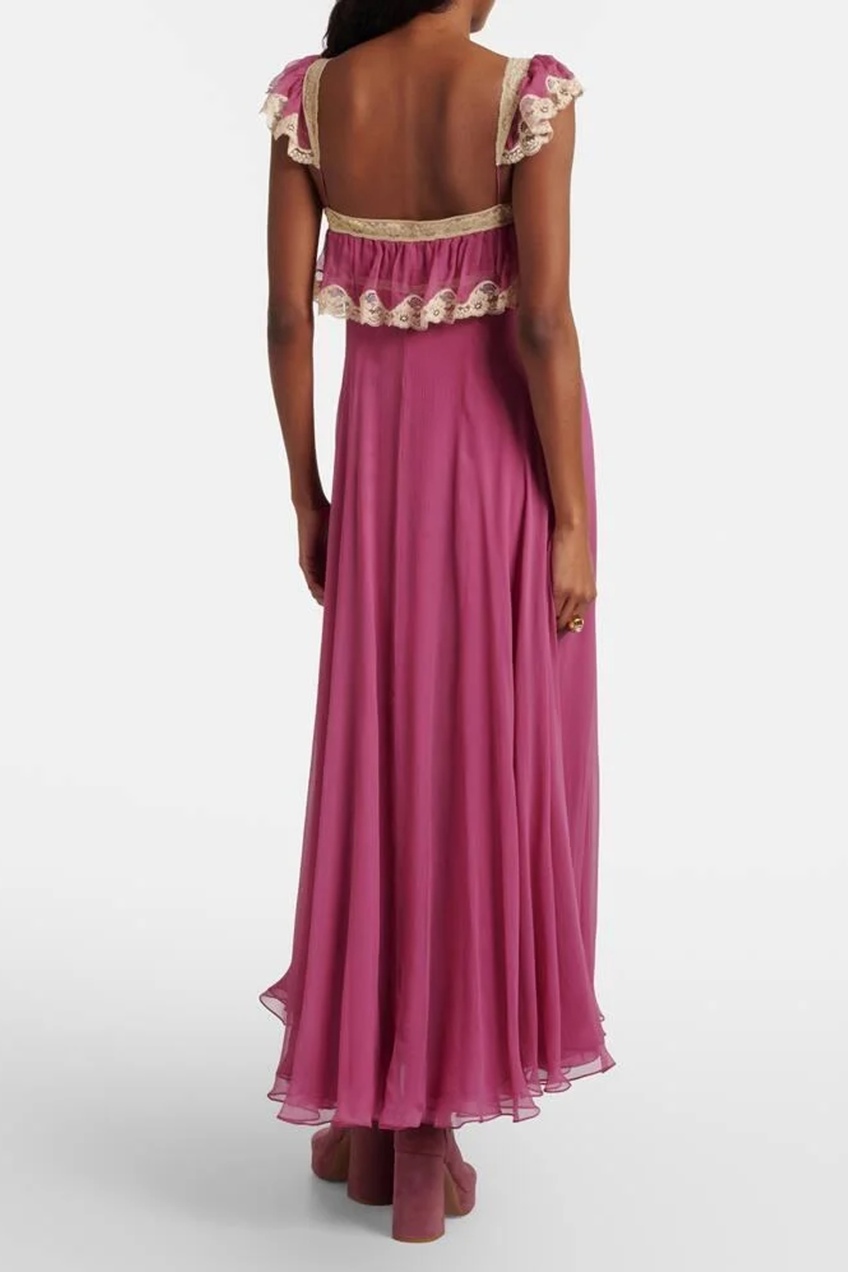 Lace Trim Ruffle Strap Chiffon Midi Dress