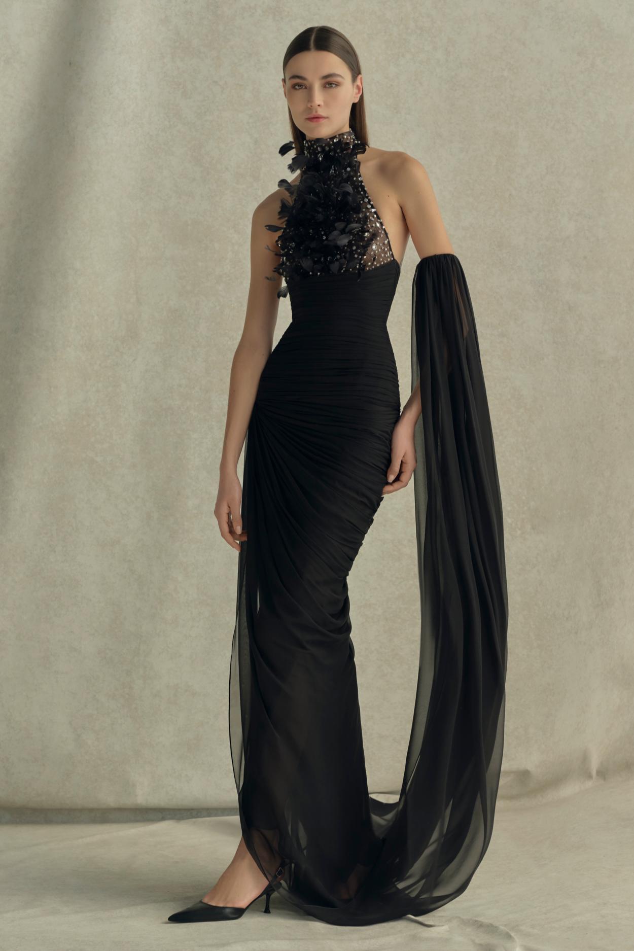 Halter Neck Rhinestone Feather Maxi Dress