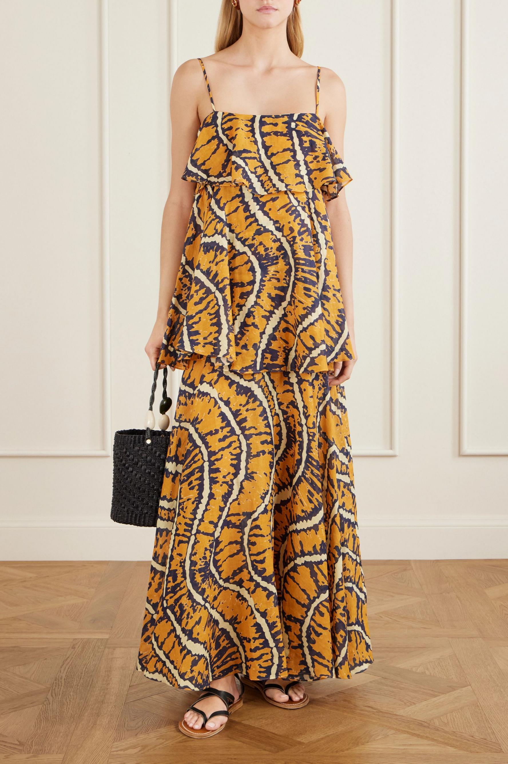 Ripple Print Slip Ruffle Maxi Dress