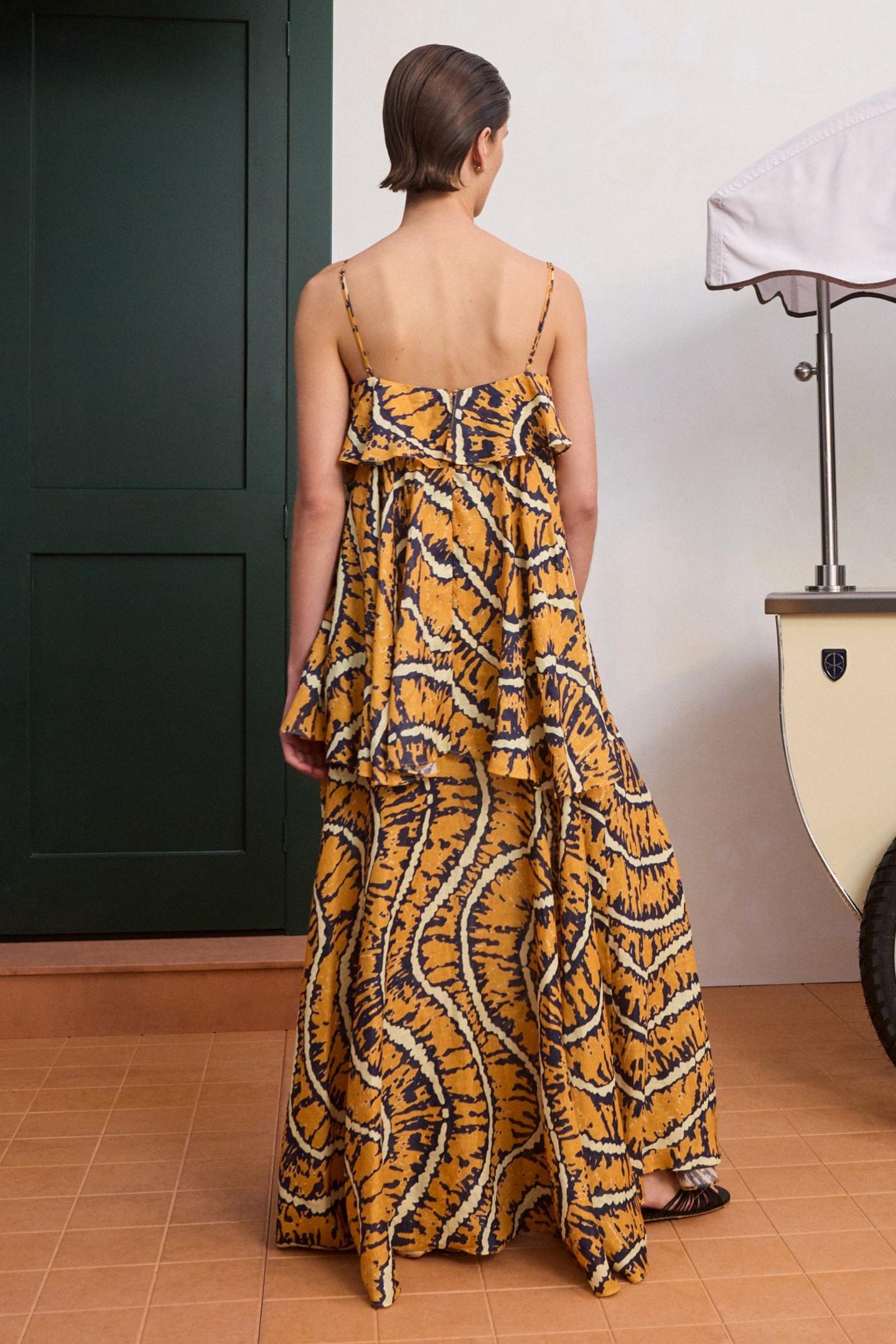 Ripple Print Slip Ruffle Maxi Dress