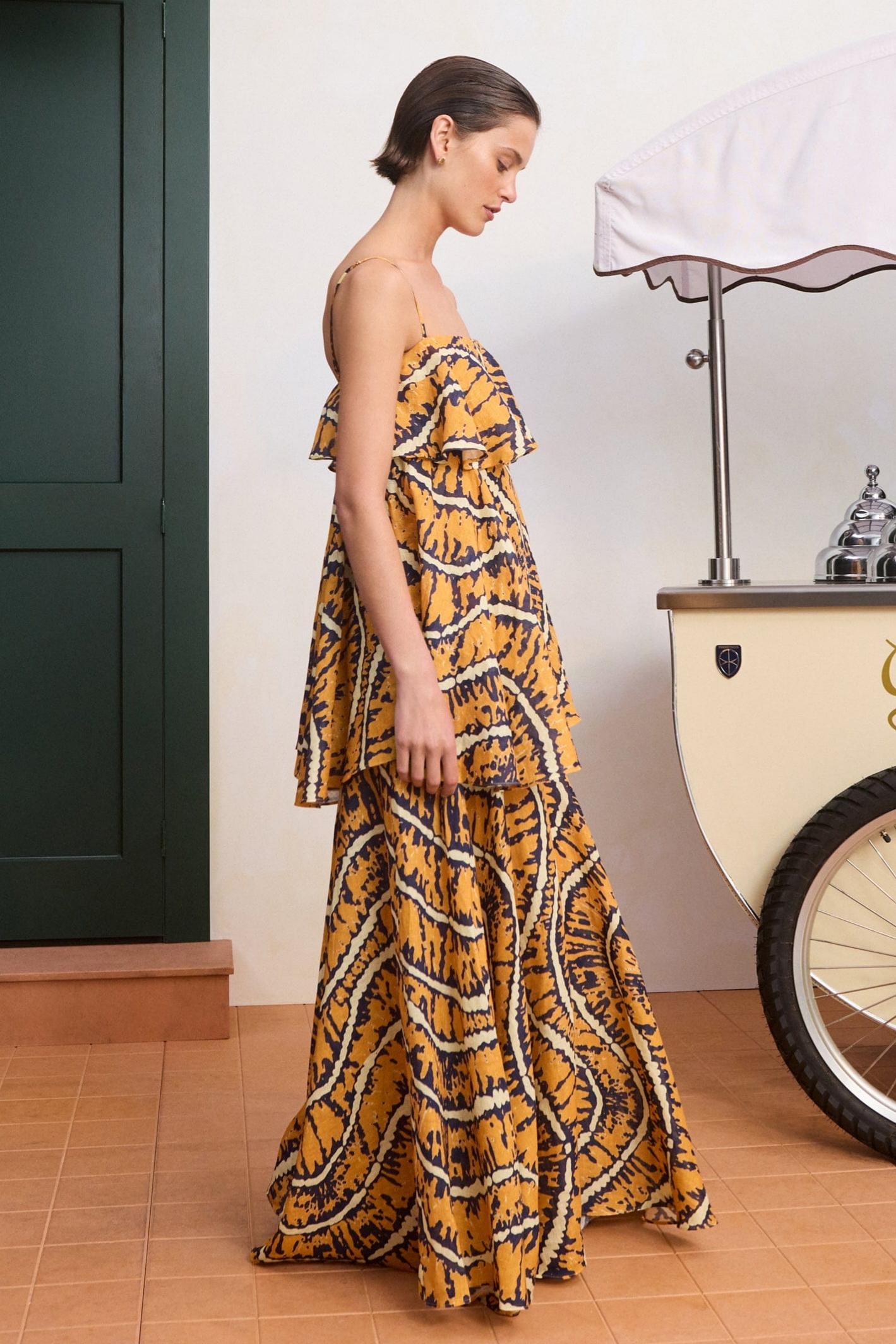 Ripple Print Slip Ruffle Maxi Dress