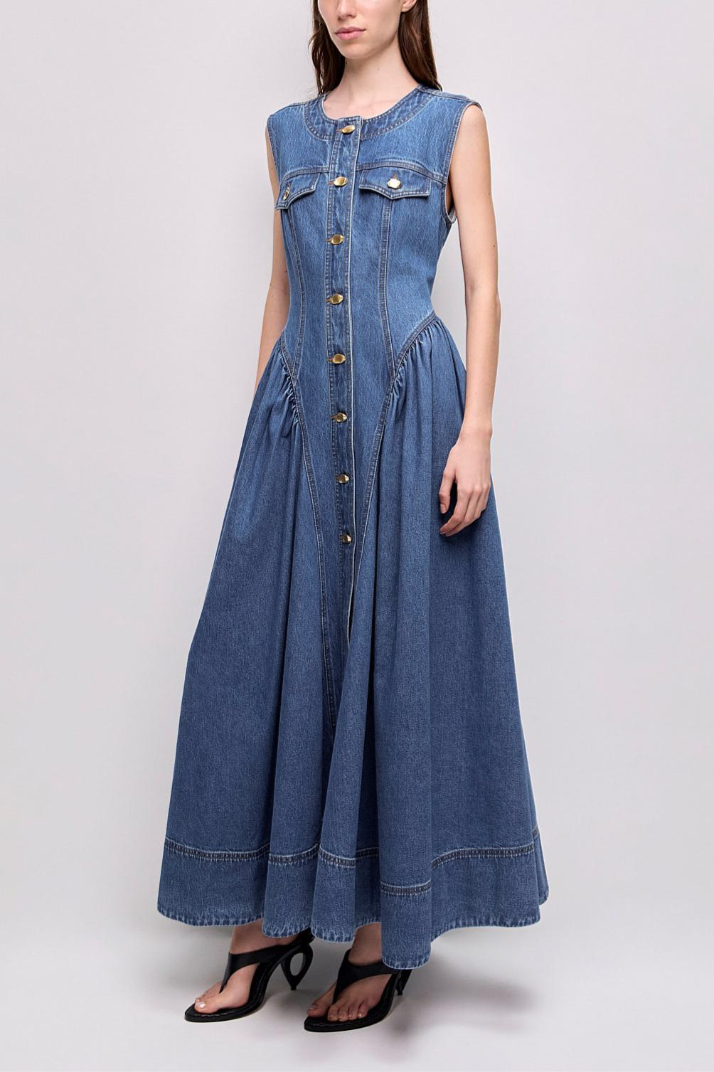Denim Round Neck Single Breasted Midi Dress