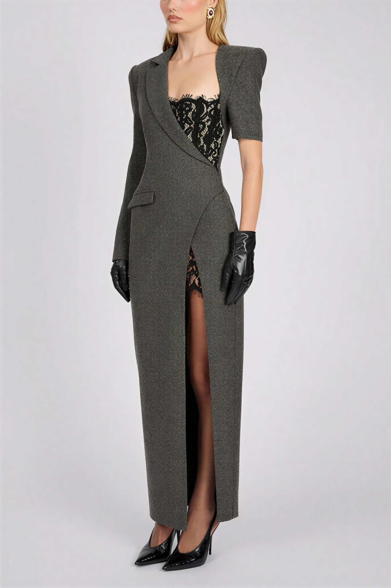 Flapped Lace Blazer Midi Dress
