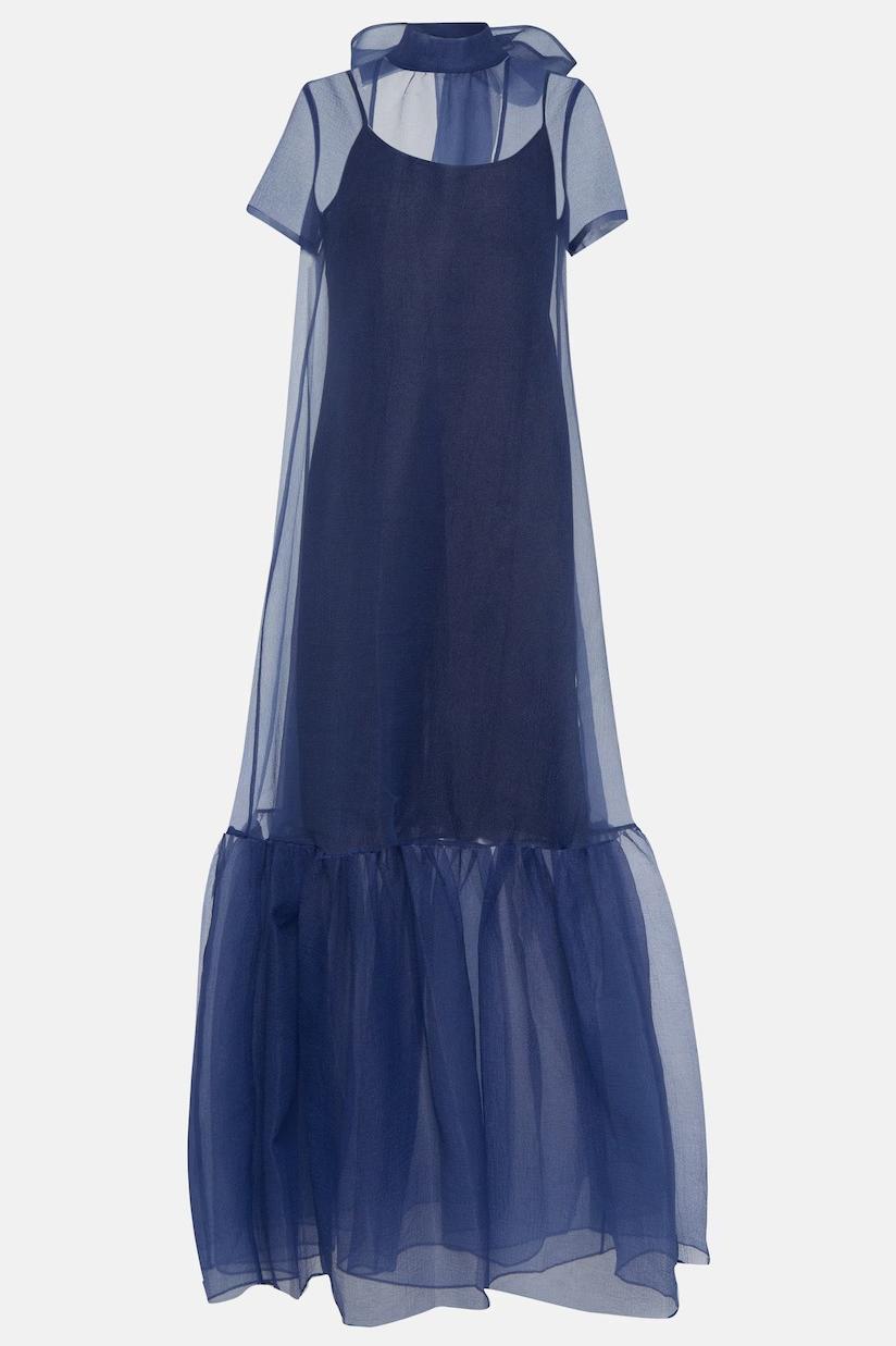 Organza Ruched Lace-Up Maxi Dress