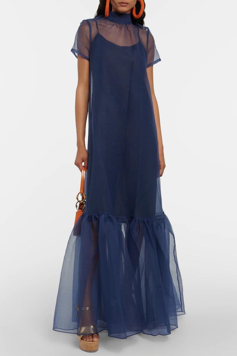 Organza Ruched Lace-Up Maxi Dress