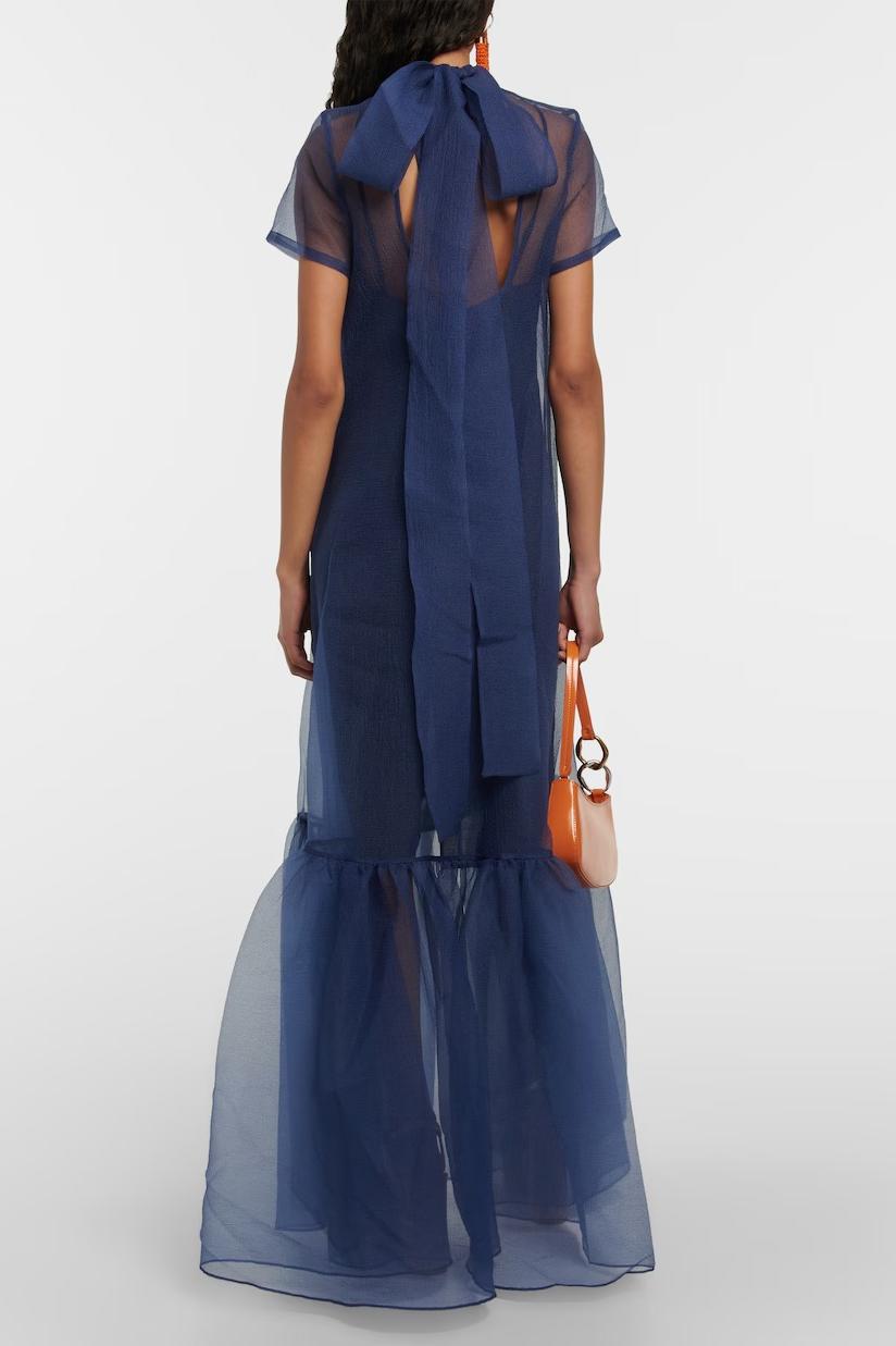 Organza Ruched Lace-Up Maxi Dress