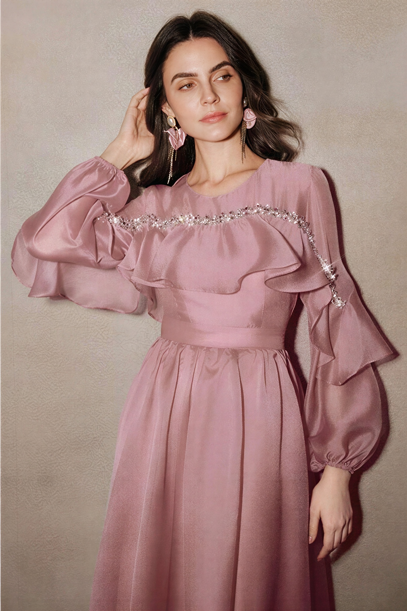 Rhinestone Rivets Long Sleeve Ruffle Midi Dress