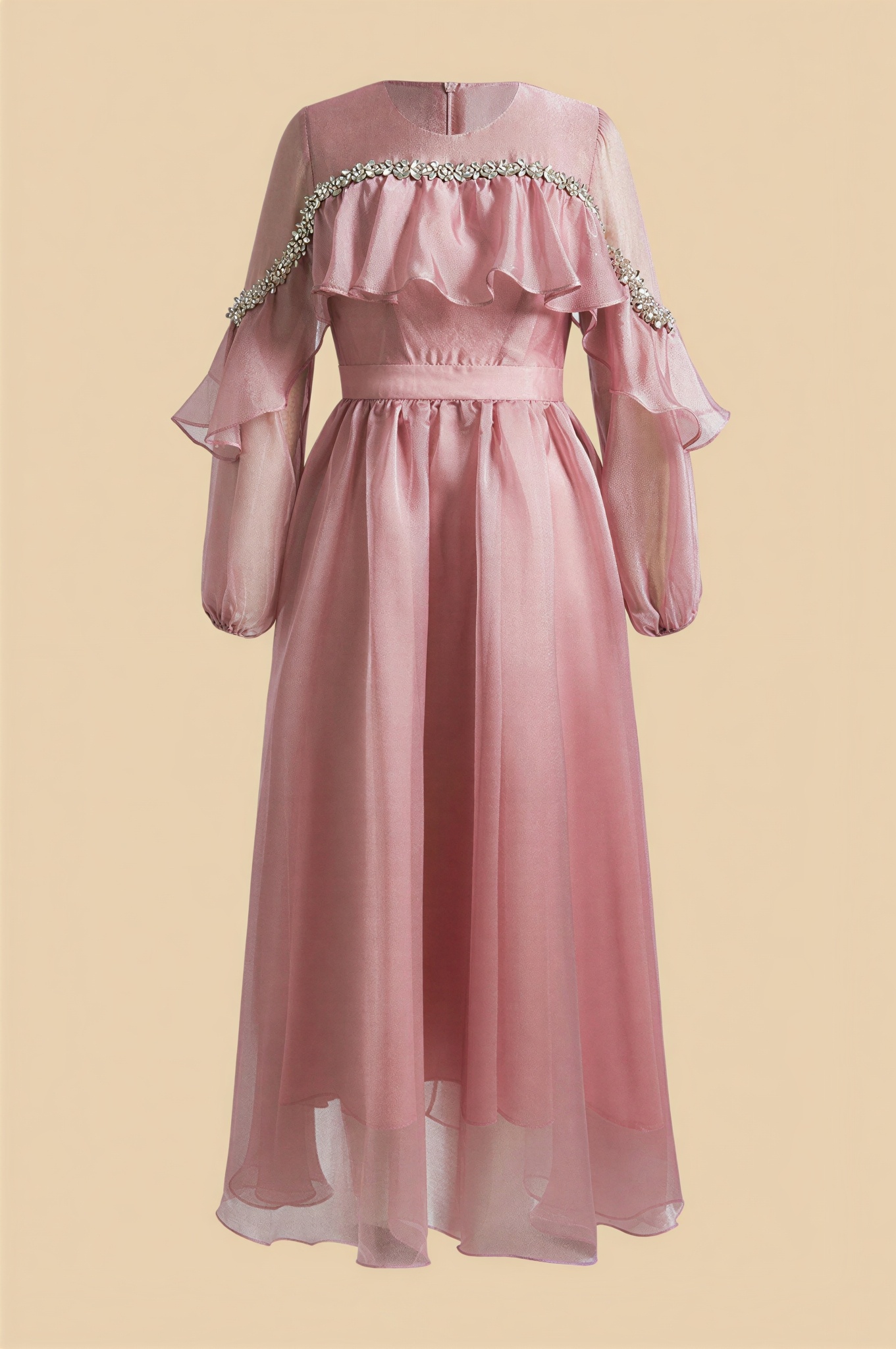 Rhinestone Rivets Long Sleeve Ruffle Midi Dress