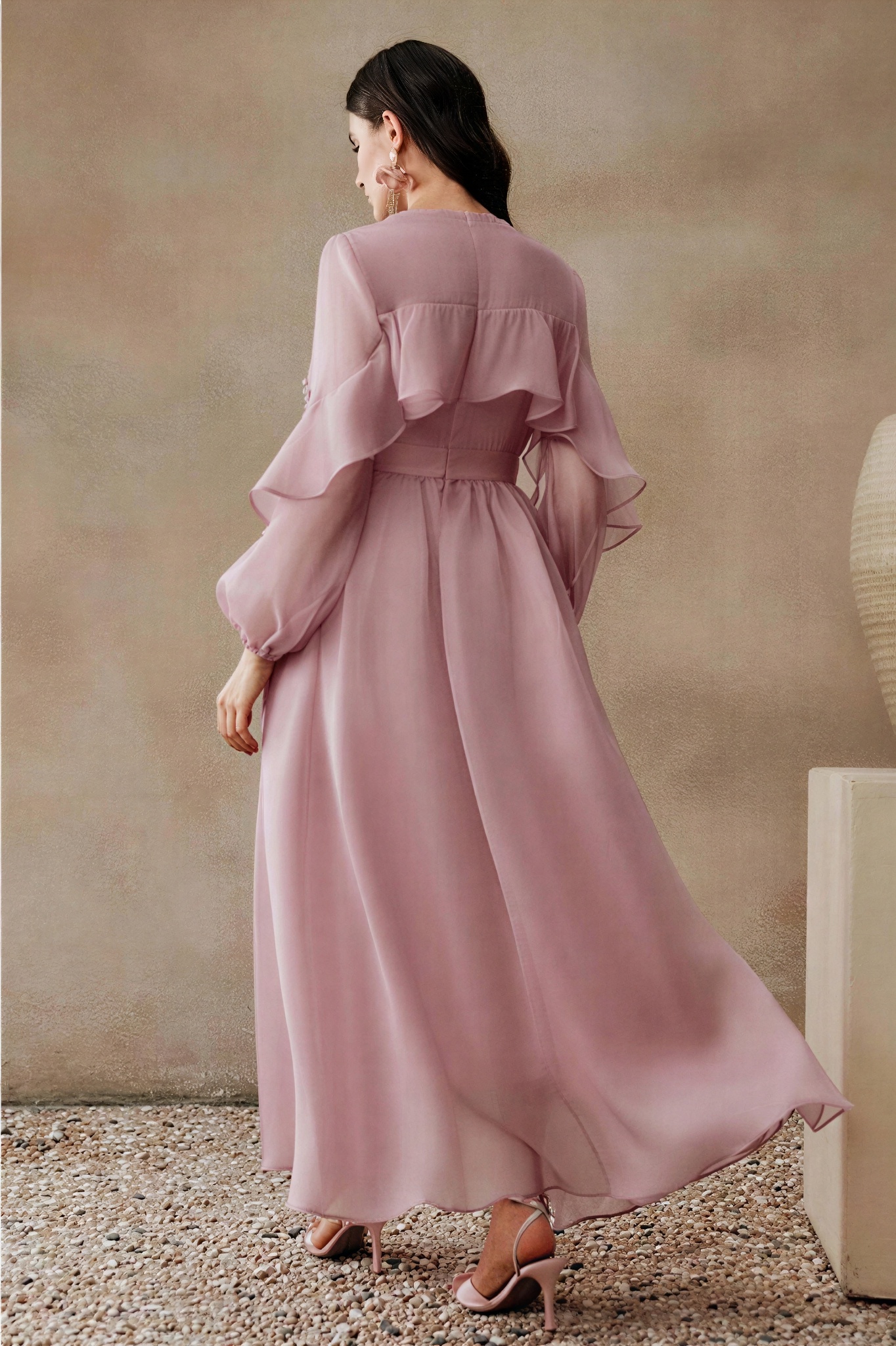 Rhinestone Rivets Long Sleeve Ruffle Midi Dress