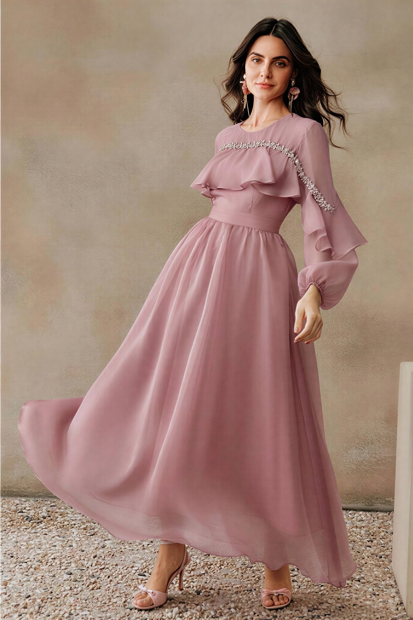 Rhinestone Rivets Long Sleeve Ruffle Midi Dress
