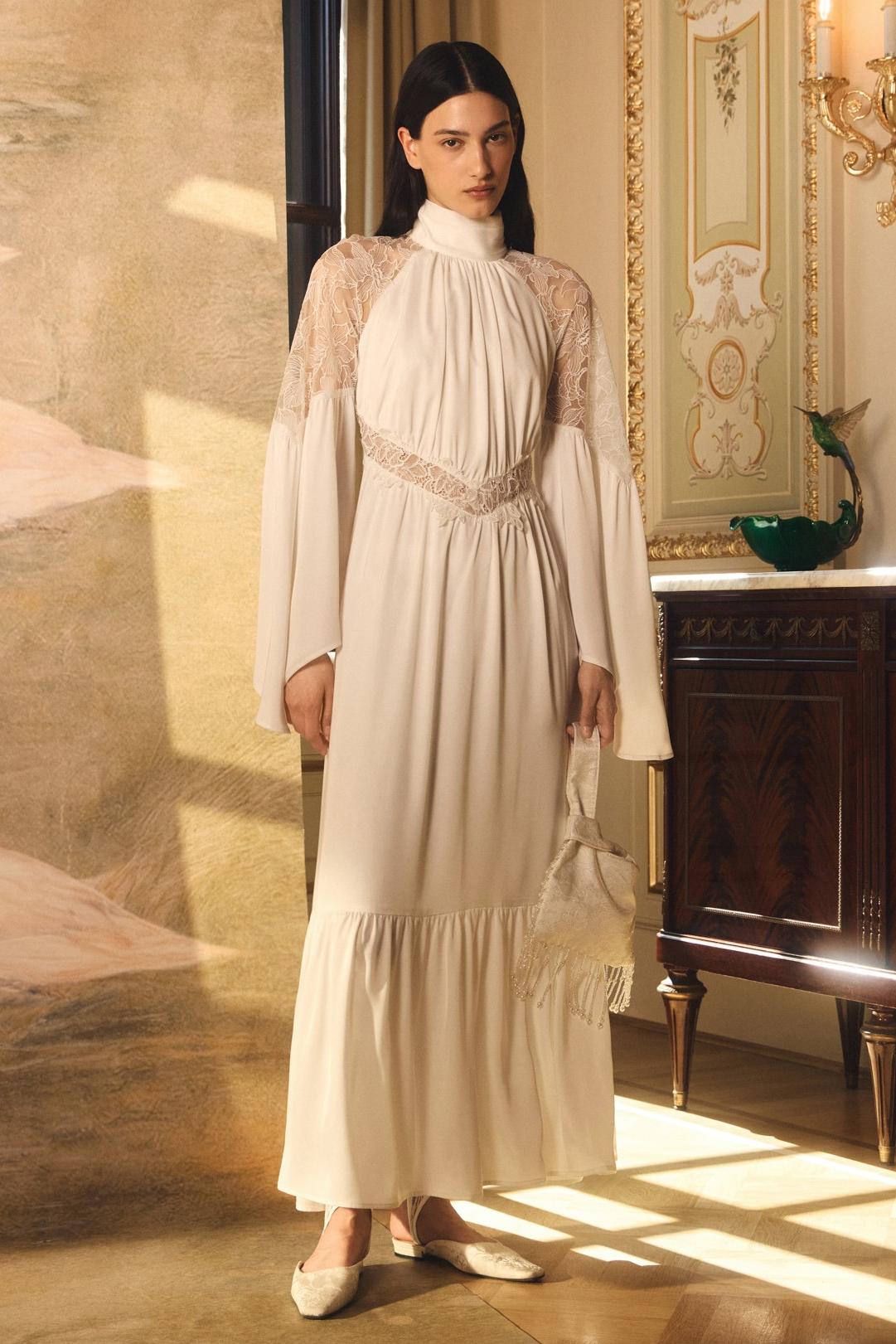 Lace Splicing High Neck Bell Sleeve Midi Dress