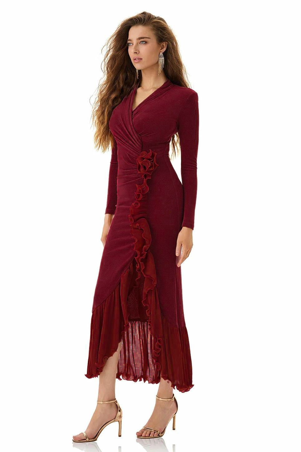 Ruffle Gathering Long Sleeve Midi Dress