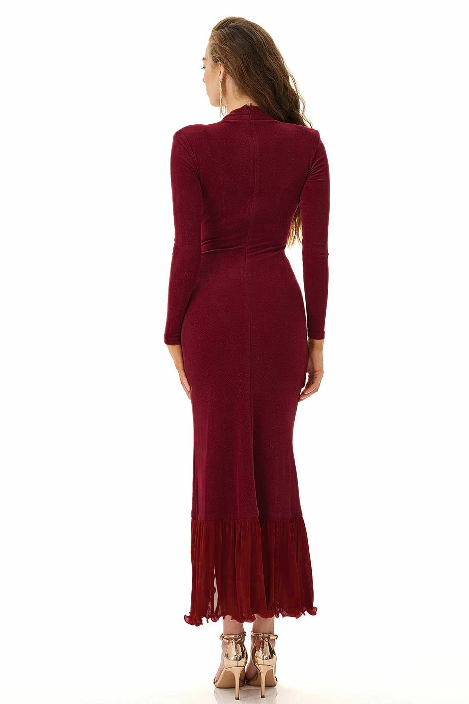 Ruffle Gathering Long Sleeve Midi Dress
