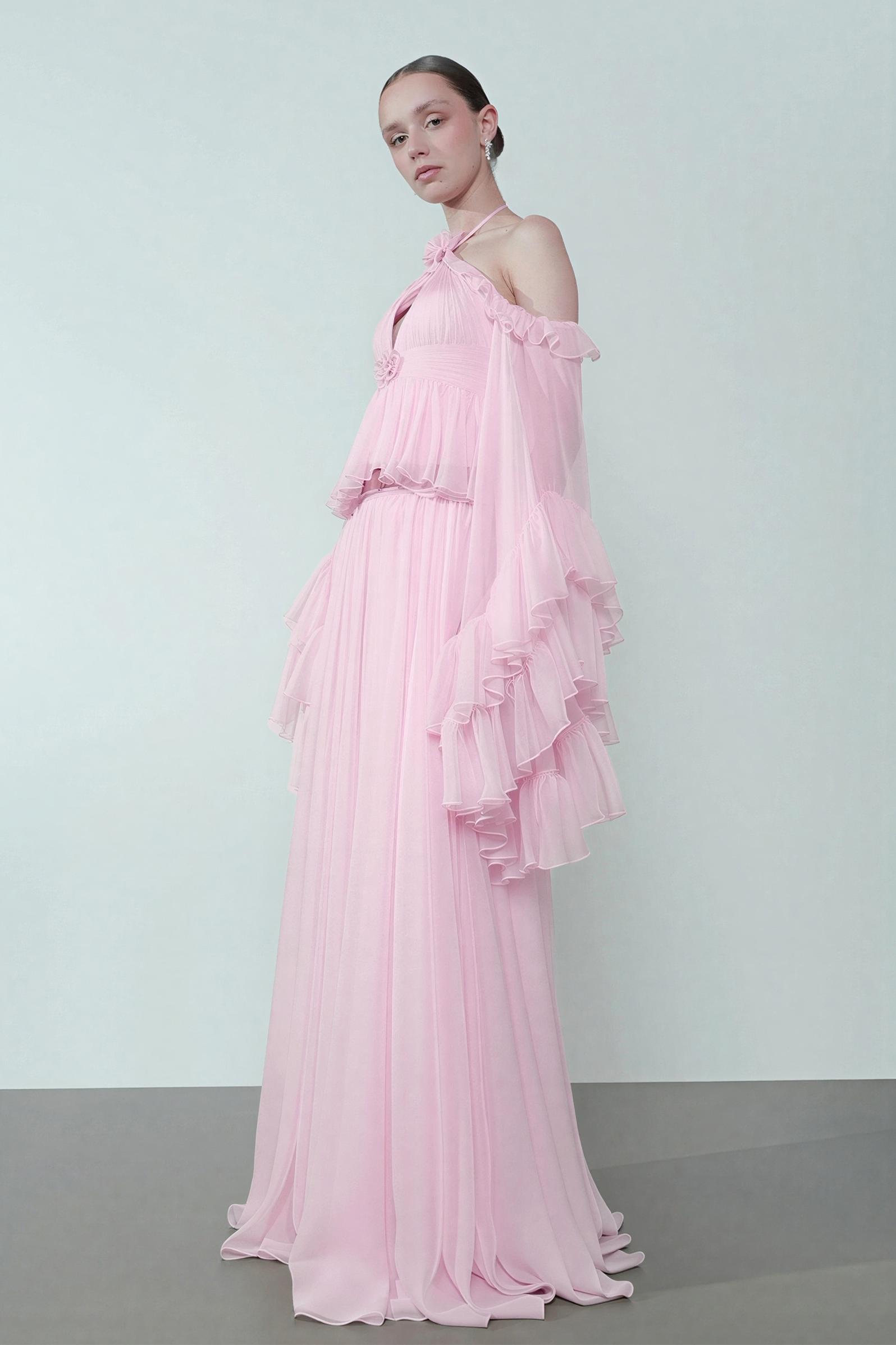 3D Flower Ruffle Top & High Waist Maxi Skirt Set