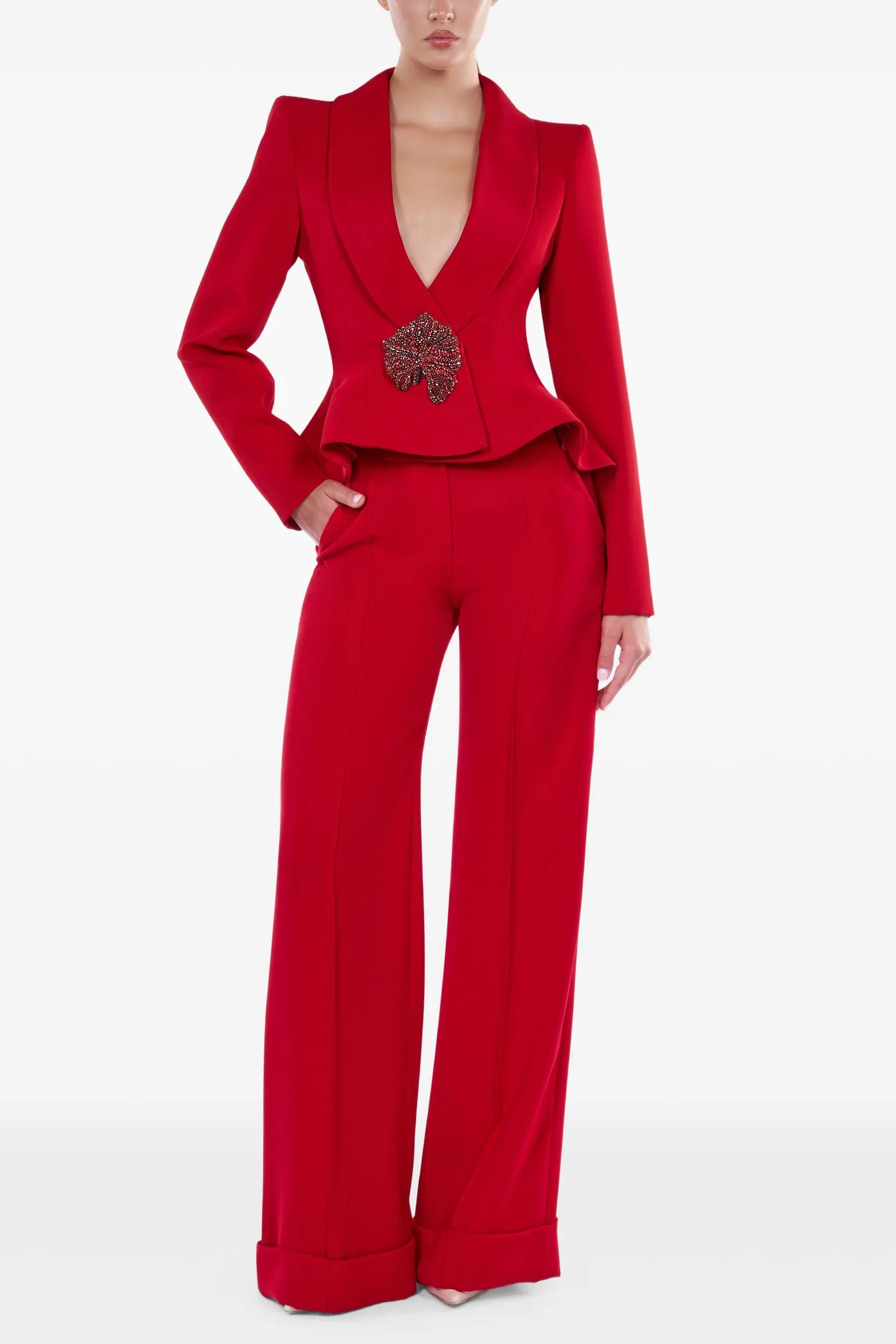 Nail Bead Embroidery Blazer & High Waist Wide Leg Pants Set