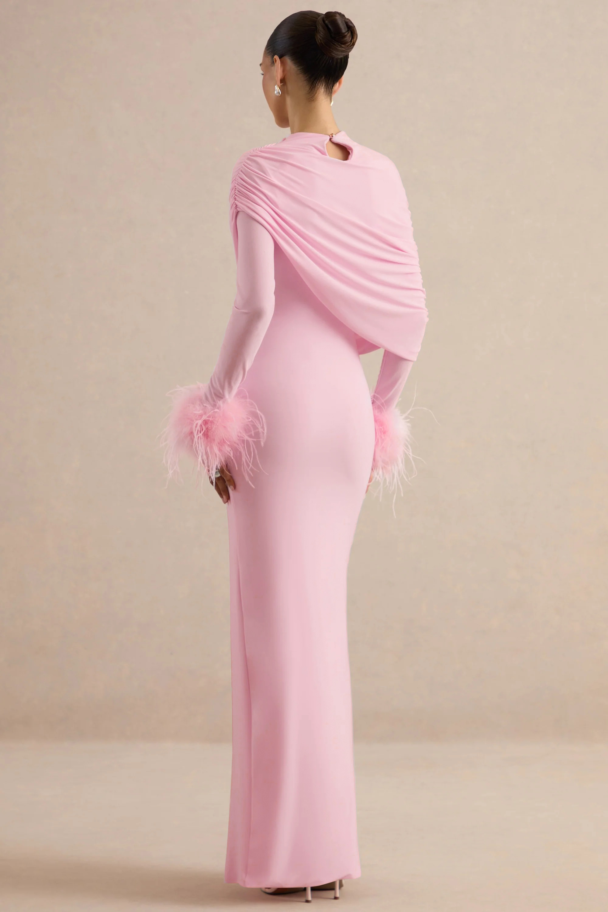 Feather Asymmetrical Cape Slit Maxi Dress