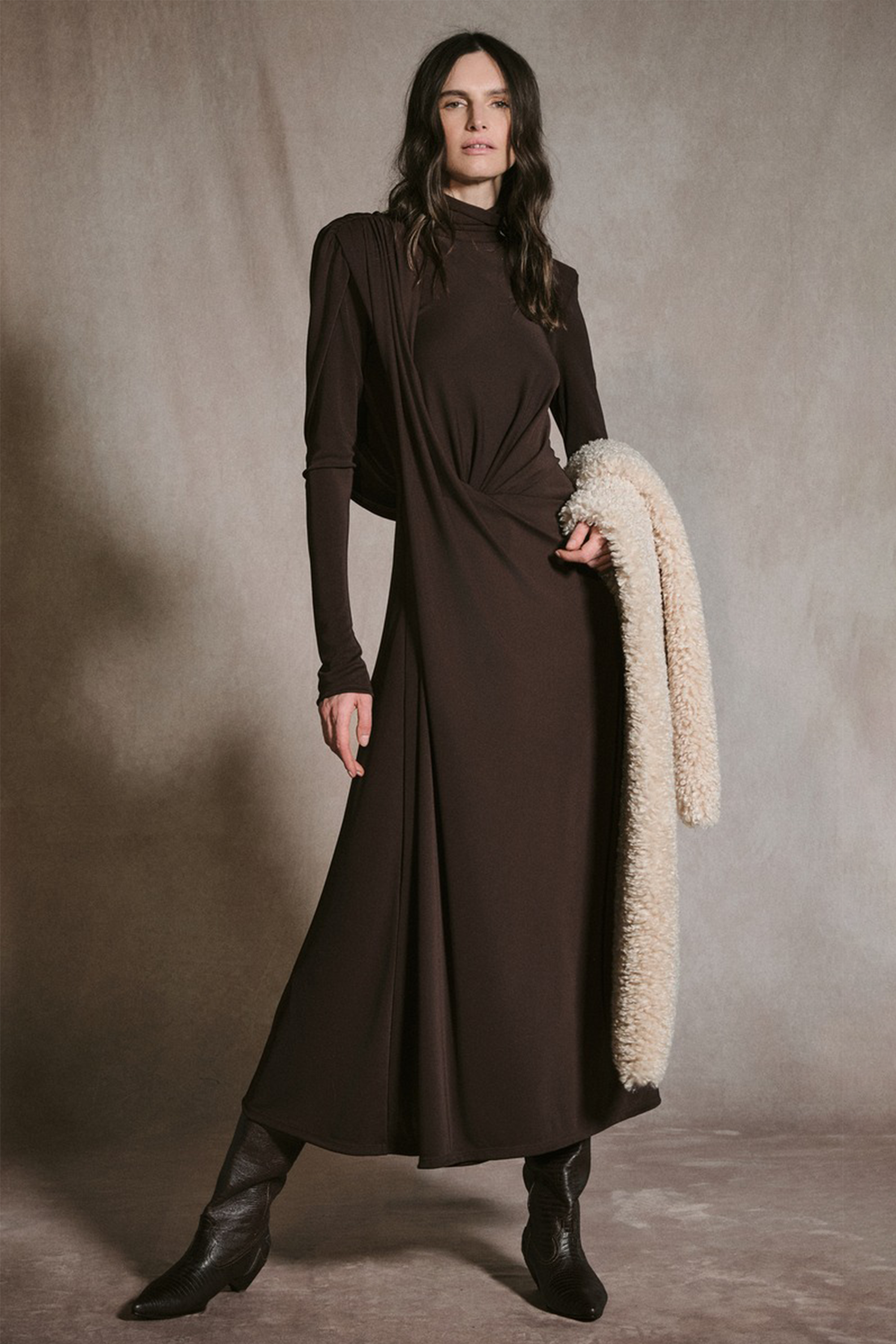 Solid High Neck Ruched Midi Dress