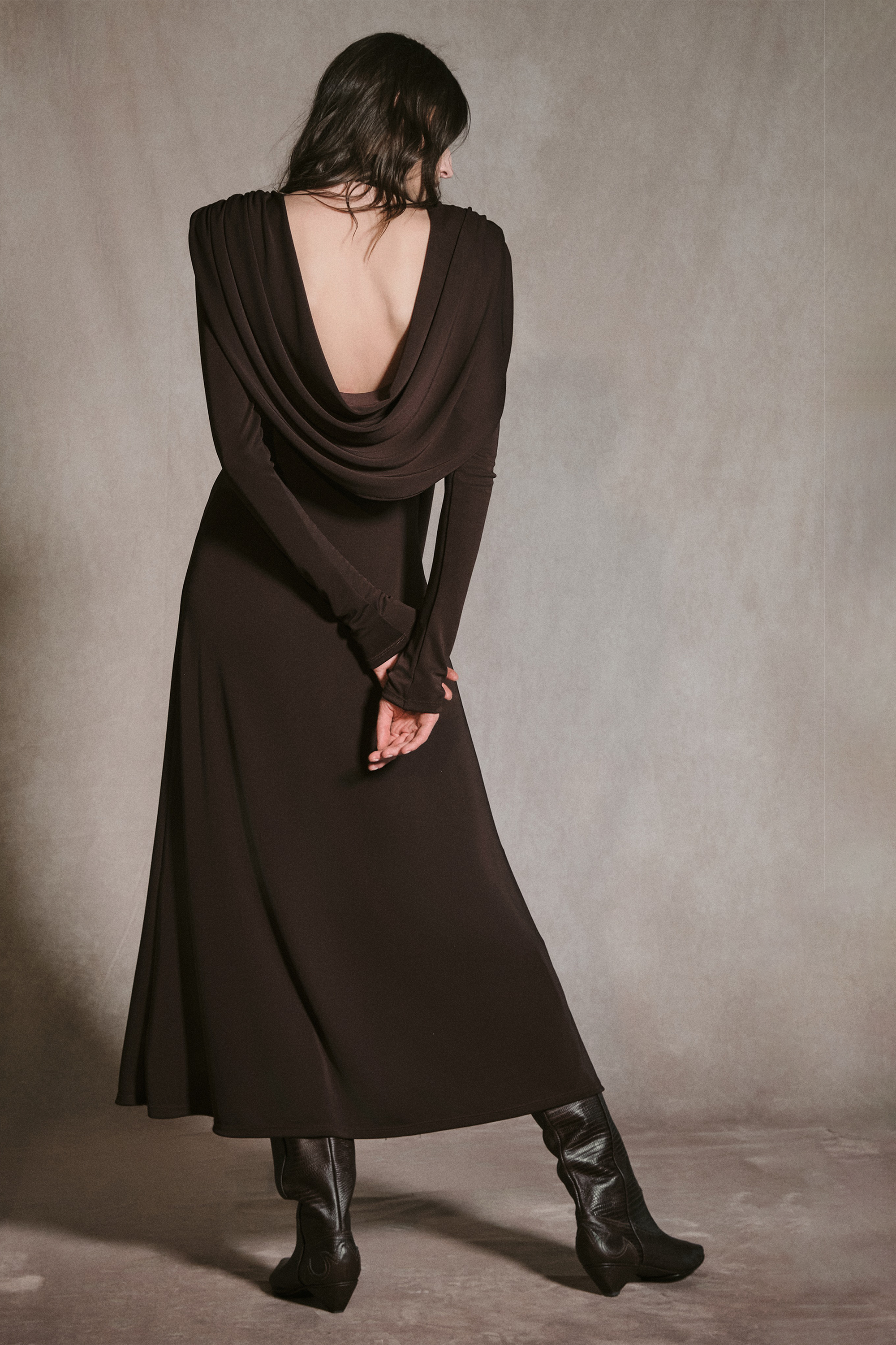 Solid High Neck Ruched Midi Dress
