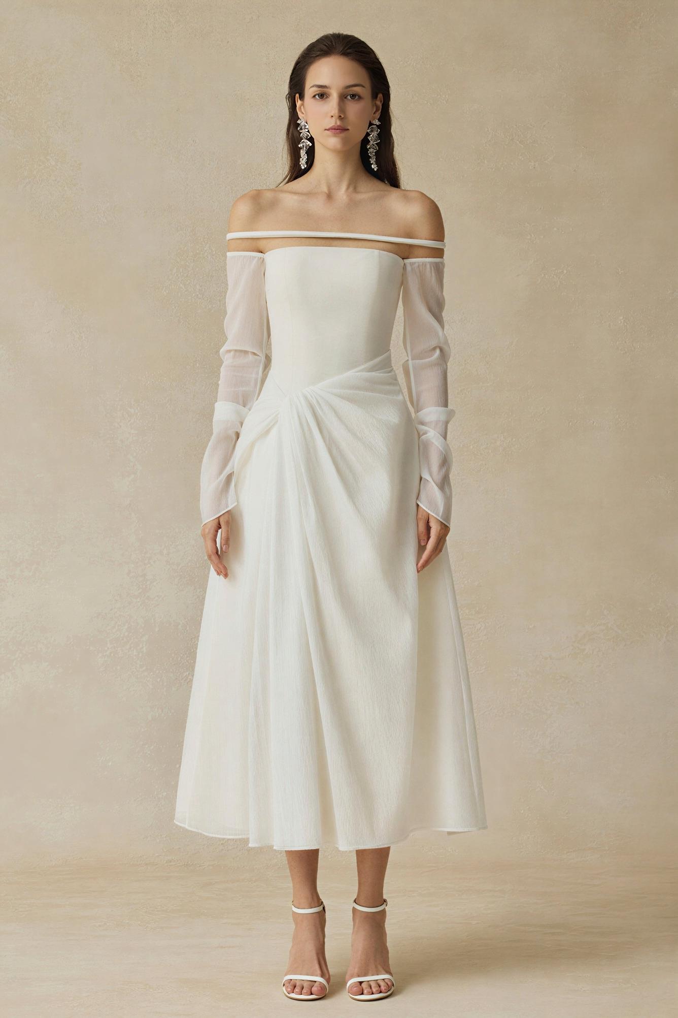 Solid Ruched Off Shoulder Midi Dress