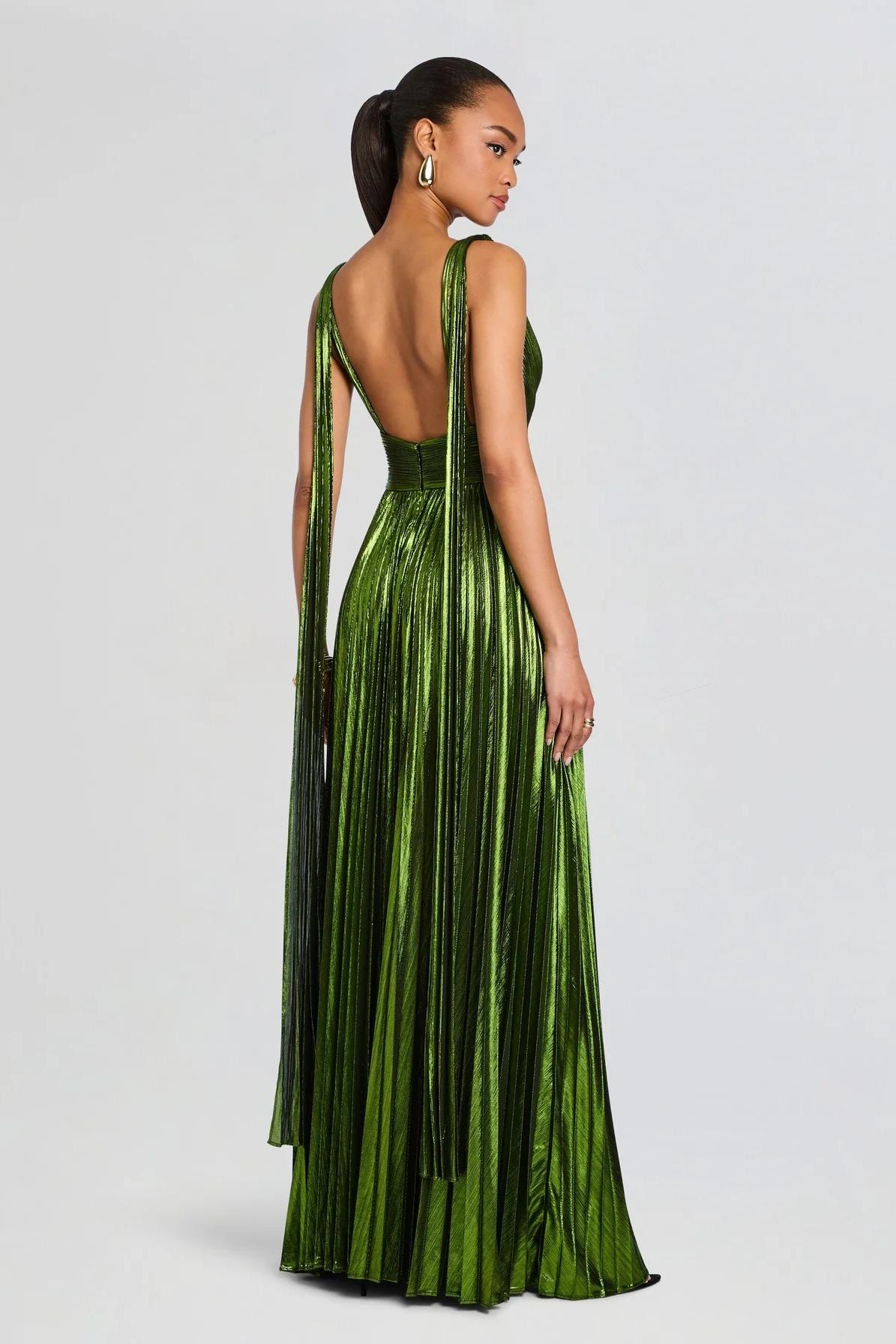 Metallic Fabric Pleated V-Neck Maxi Dress